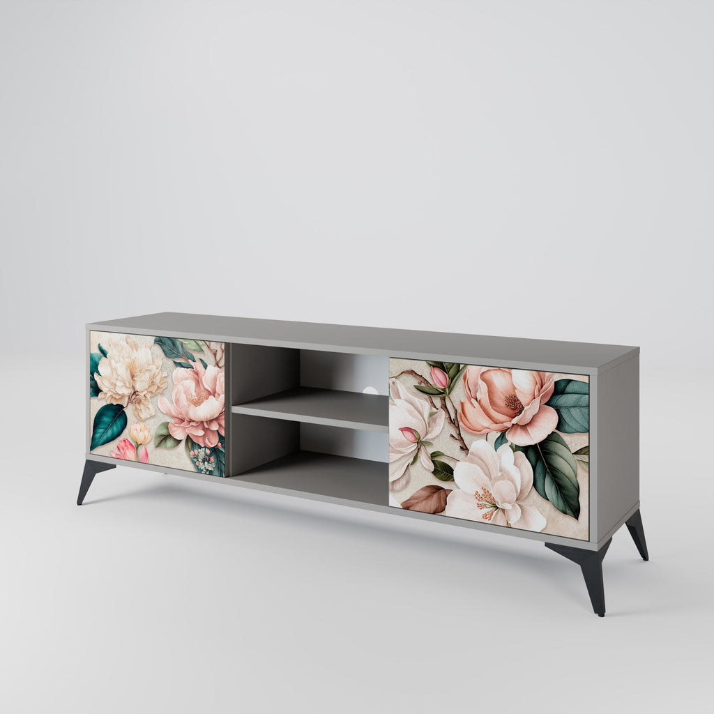 FLORAL GRACE 2-Door TV Stand in Grey Finish