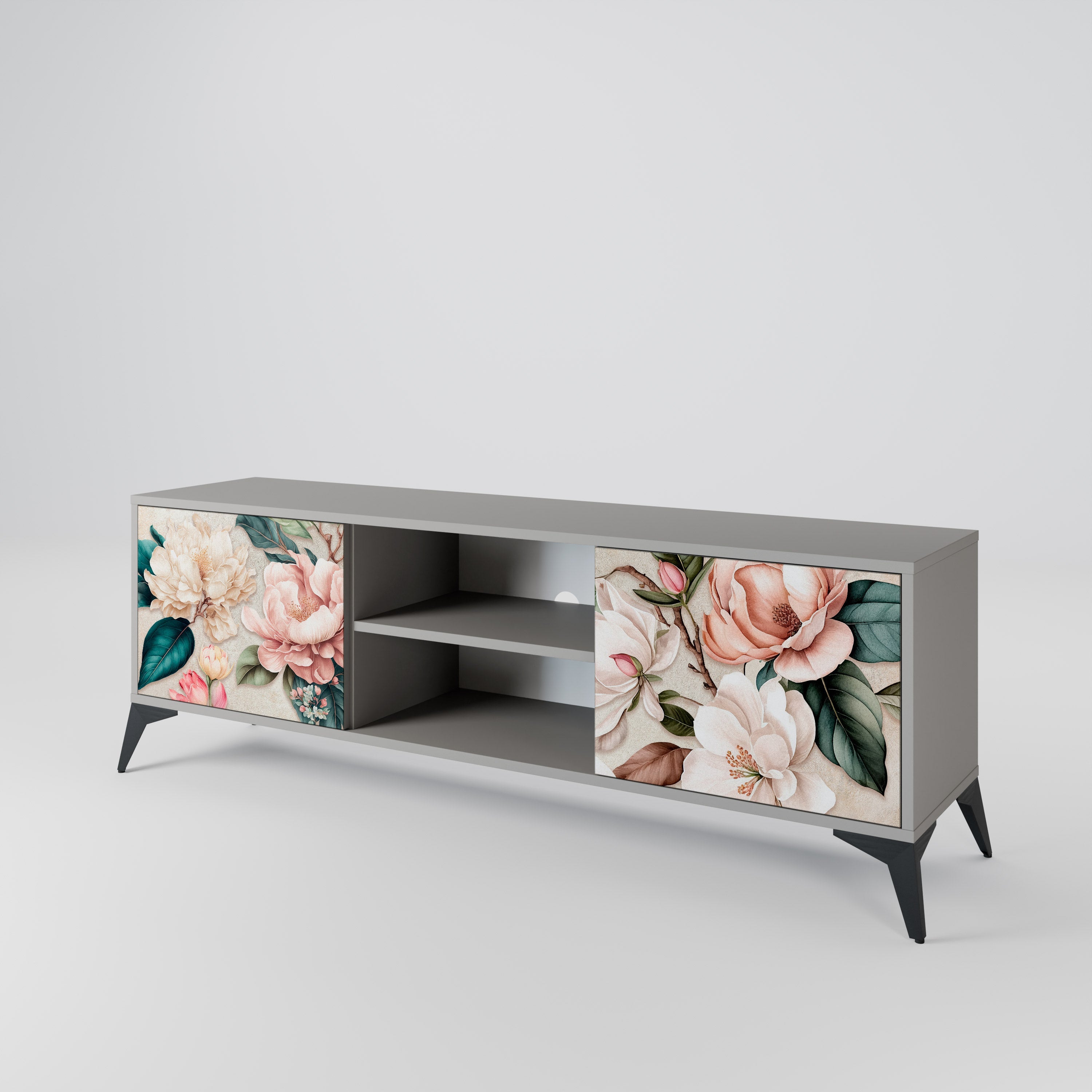 FLORAL GRACE 2-Door TV Stand in Grey Finish