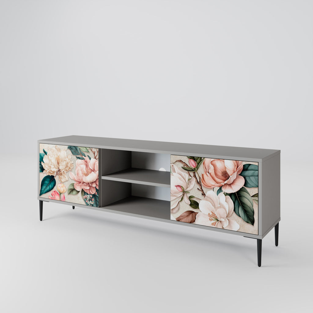 FLORAL GRACE 2-Door TV Stand in Grey Finish