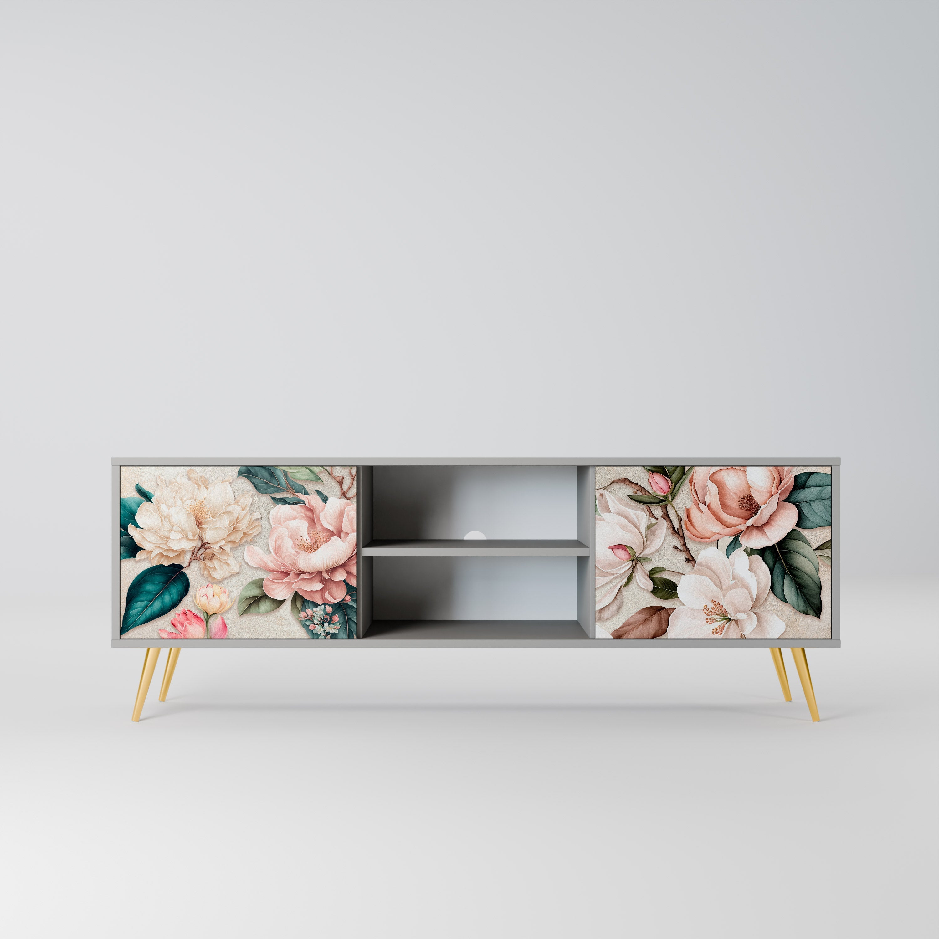 FLORAL GRACE 2-Door TV Stand in Grey Finish