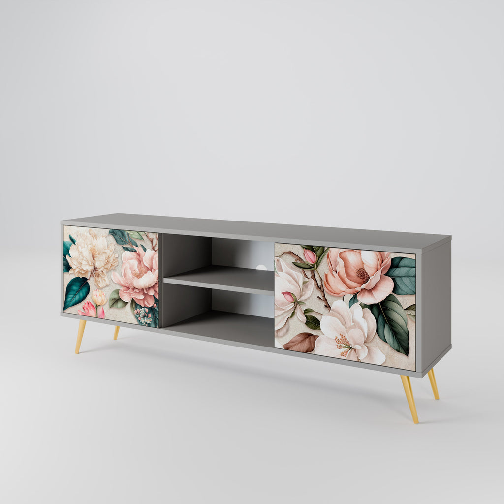 FLORAL GRACE 2-Door TV Stand in Grey Finish