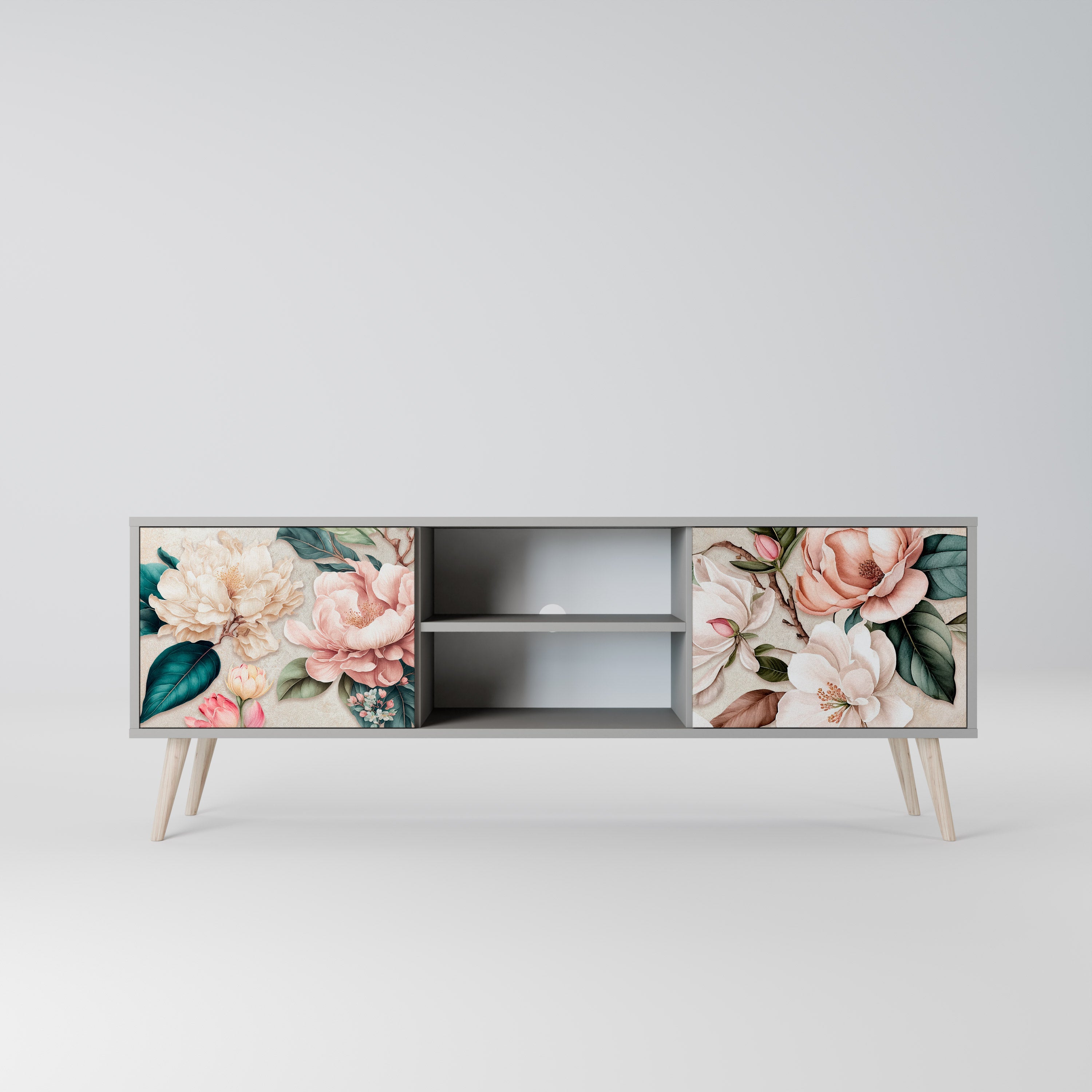 FLORAL GRACE 2-Door TV Stand in Grey Finish