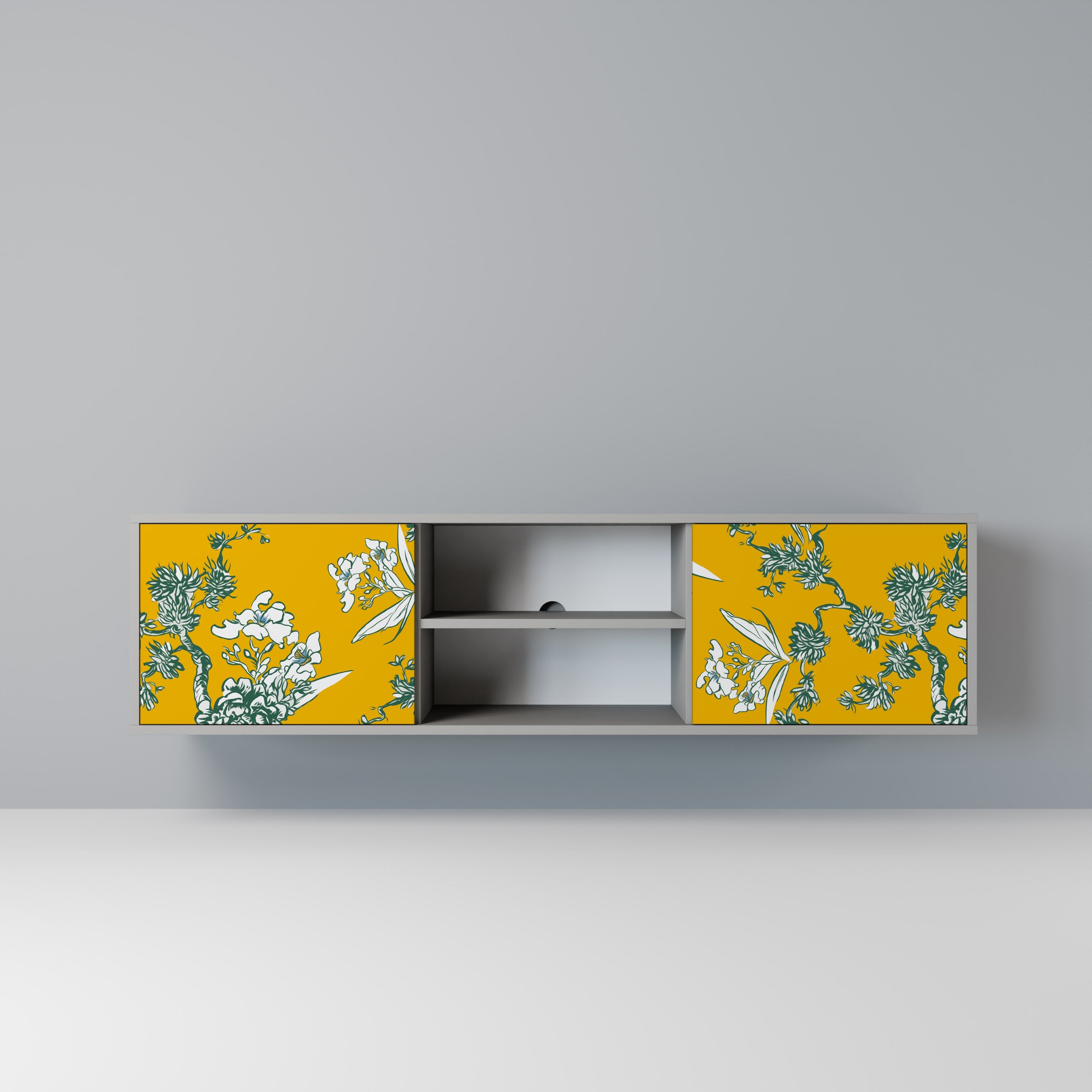 YELLOW CHINOISERIE 2-Door TV Stand in Grey Finish