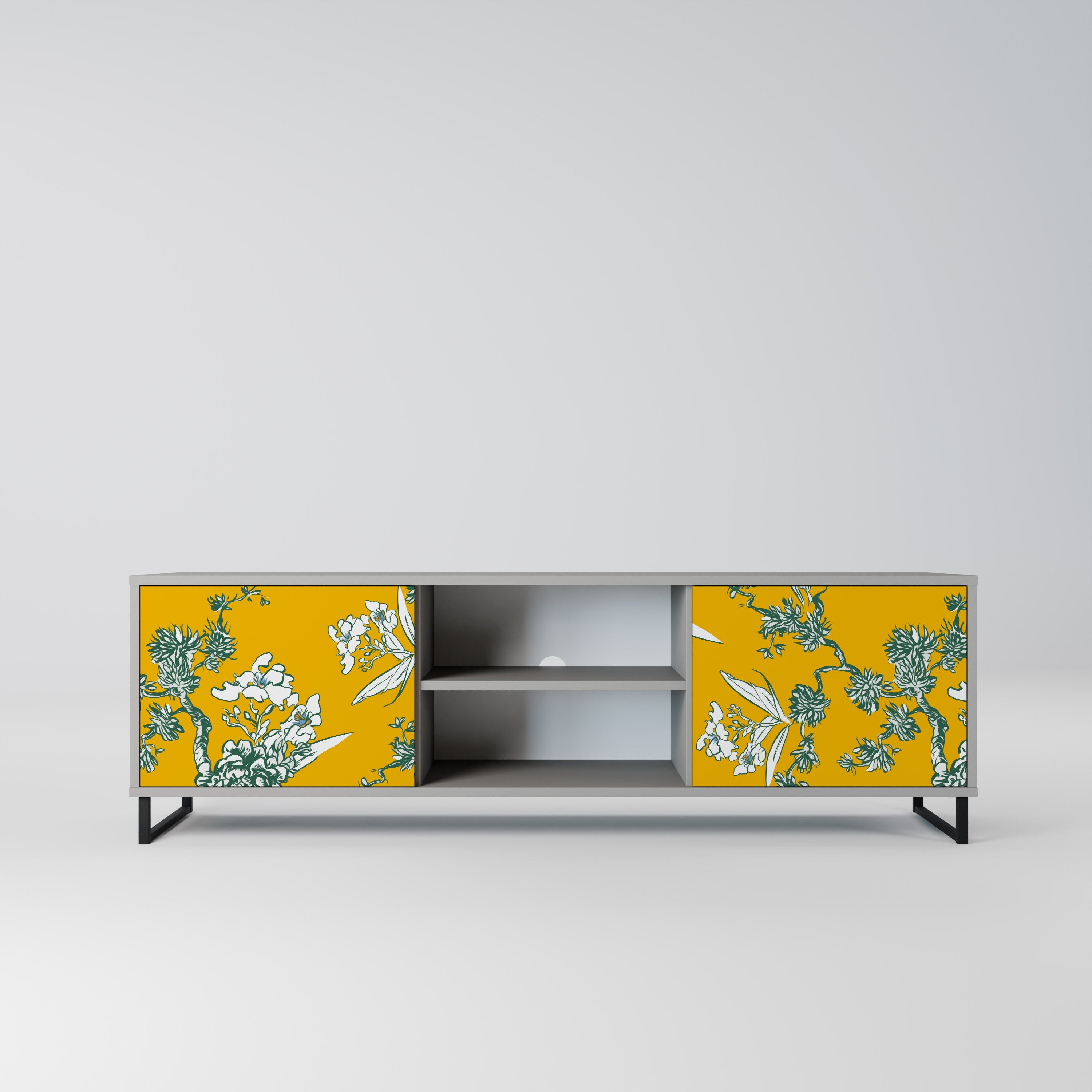 YELLOW CHINOISERIE 2-Door TV Stand in Grey Finish