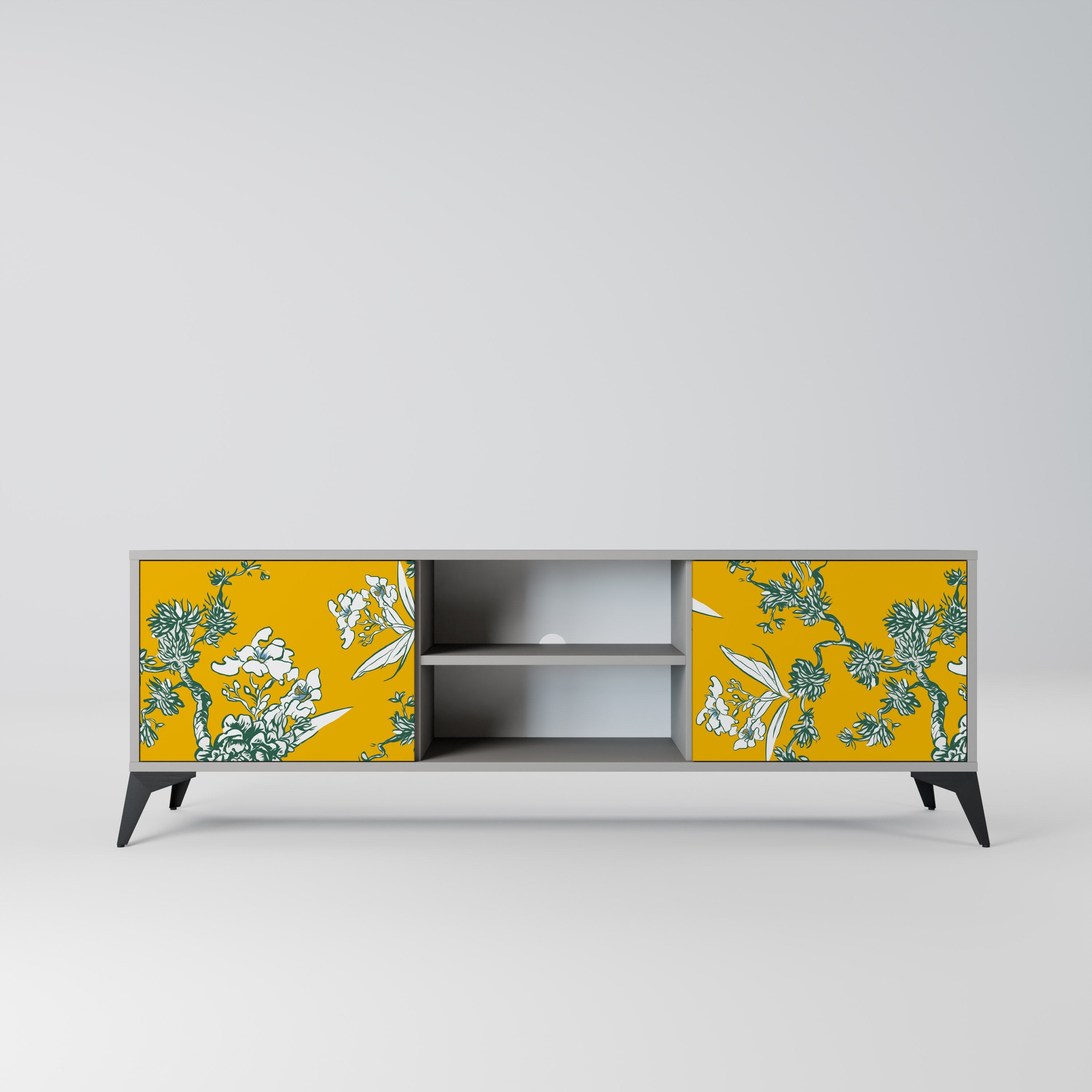 YELLOW CHINOISERIE 2-Door TV Stand in Grey Finish