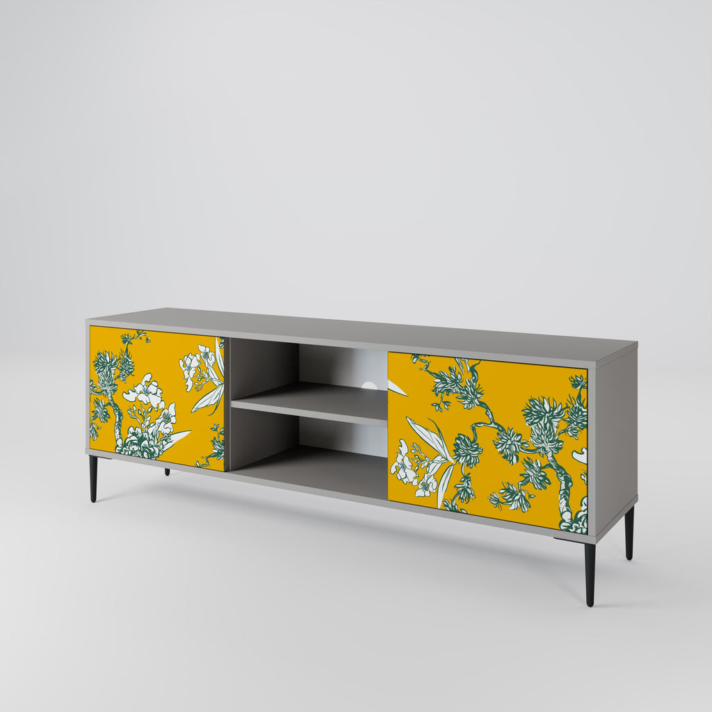 YELLOW CHINOISERIE 2-Door TV Stand in Grey Finish