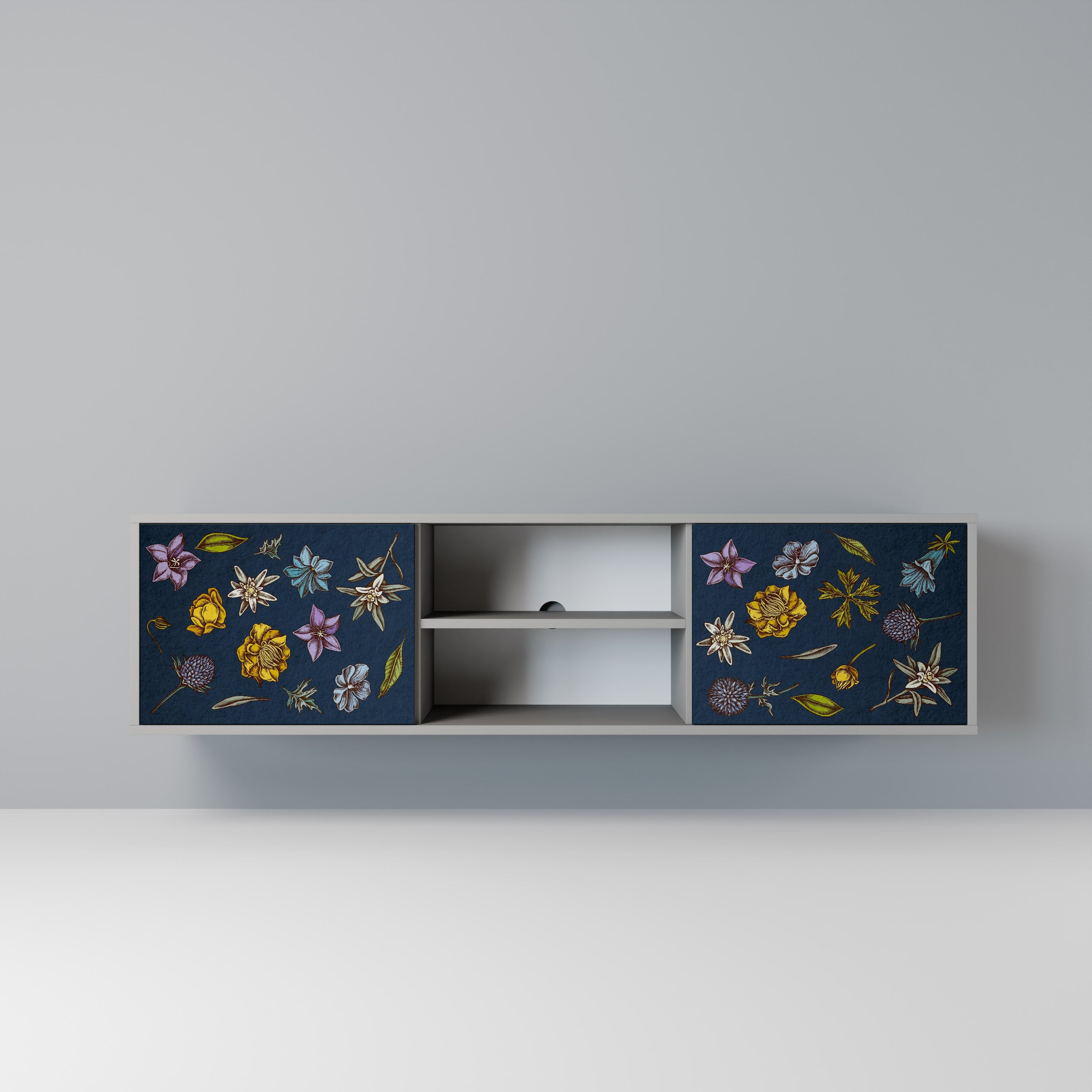 FLOWERS ON NAVY BLUE 2-Door TV Stand in Grey Finish