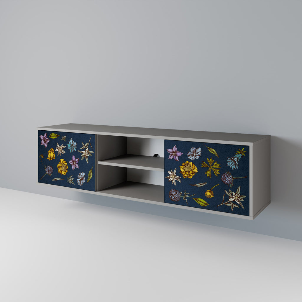 FLOWERS ON NAVY BLUE 2-Door TV Stand in Grey Finish