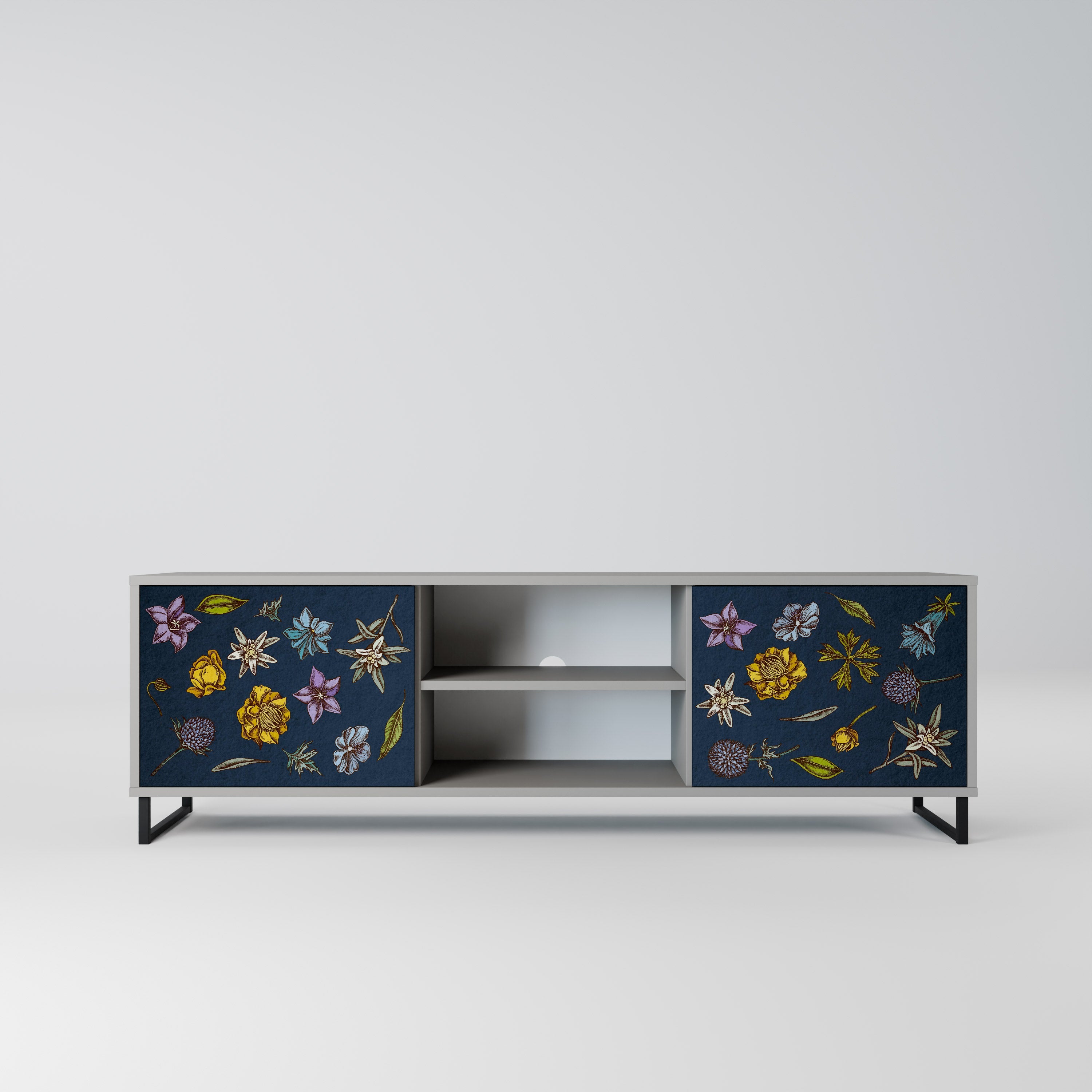 FLOWERS ON NAVY BLUE 2-Door TV Stand in Grey Finish