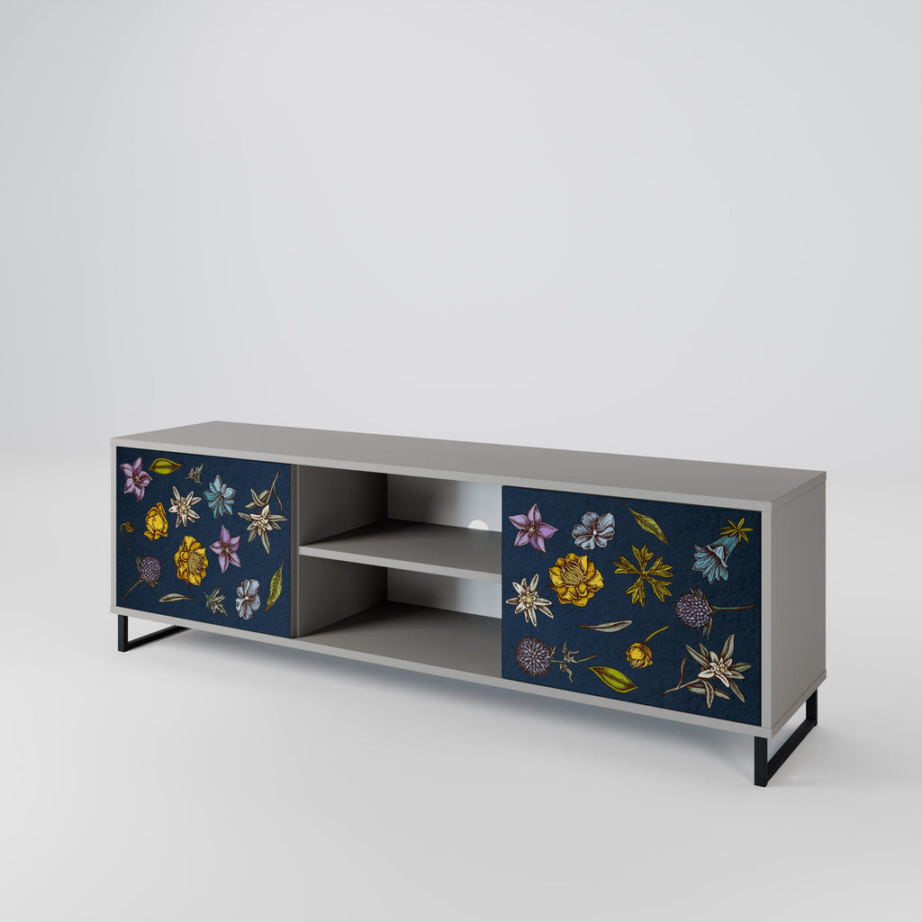 FLOWERS ON NAVY BLUE 2-Door TV Stand in Grey Finish