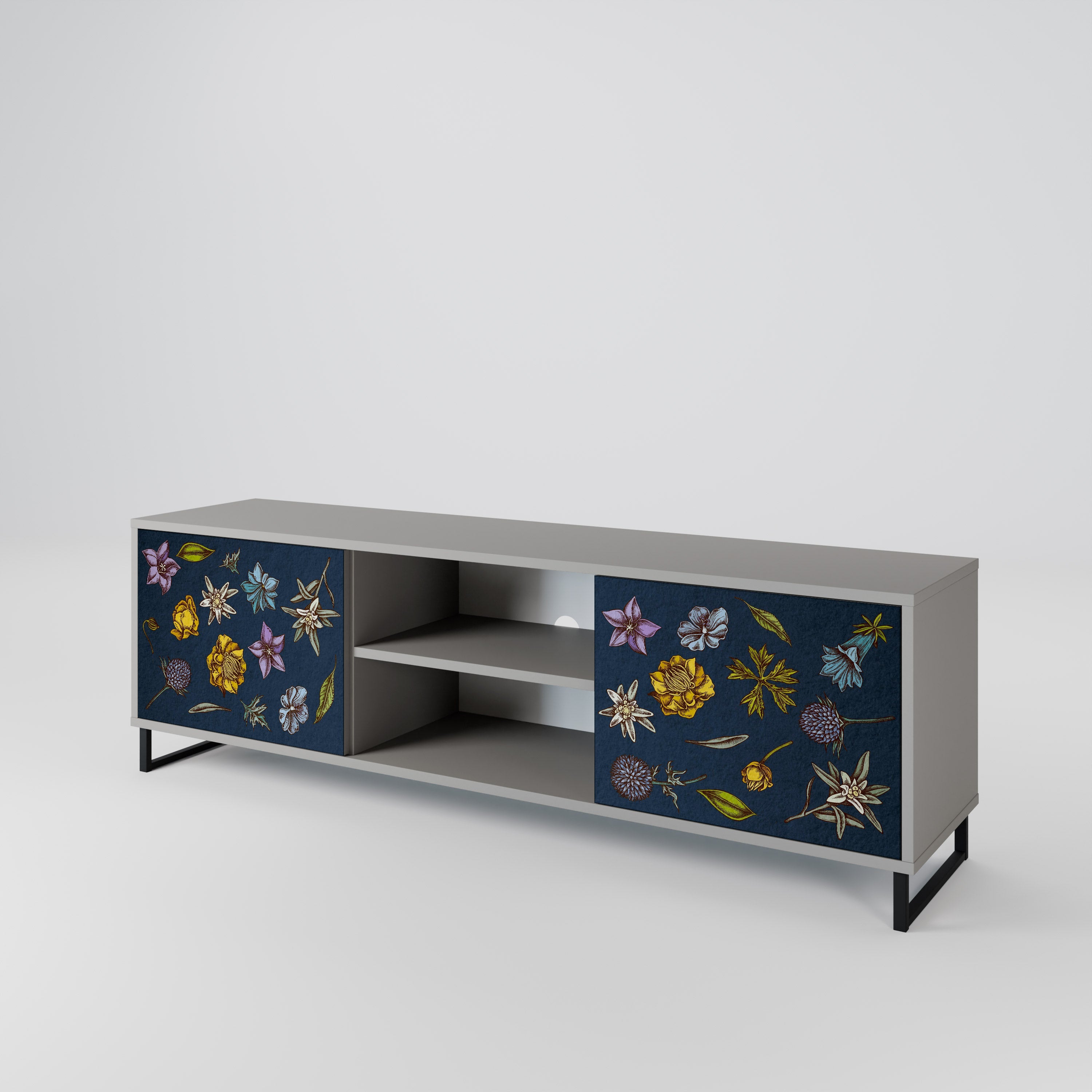 FLOWERS ON NAVY BLUE 2-Door TV Stand in Grey Finish
