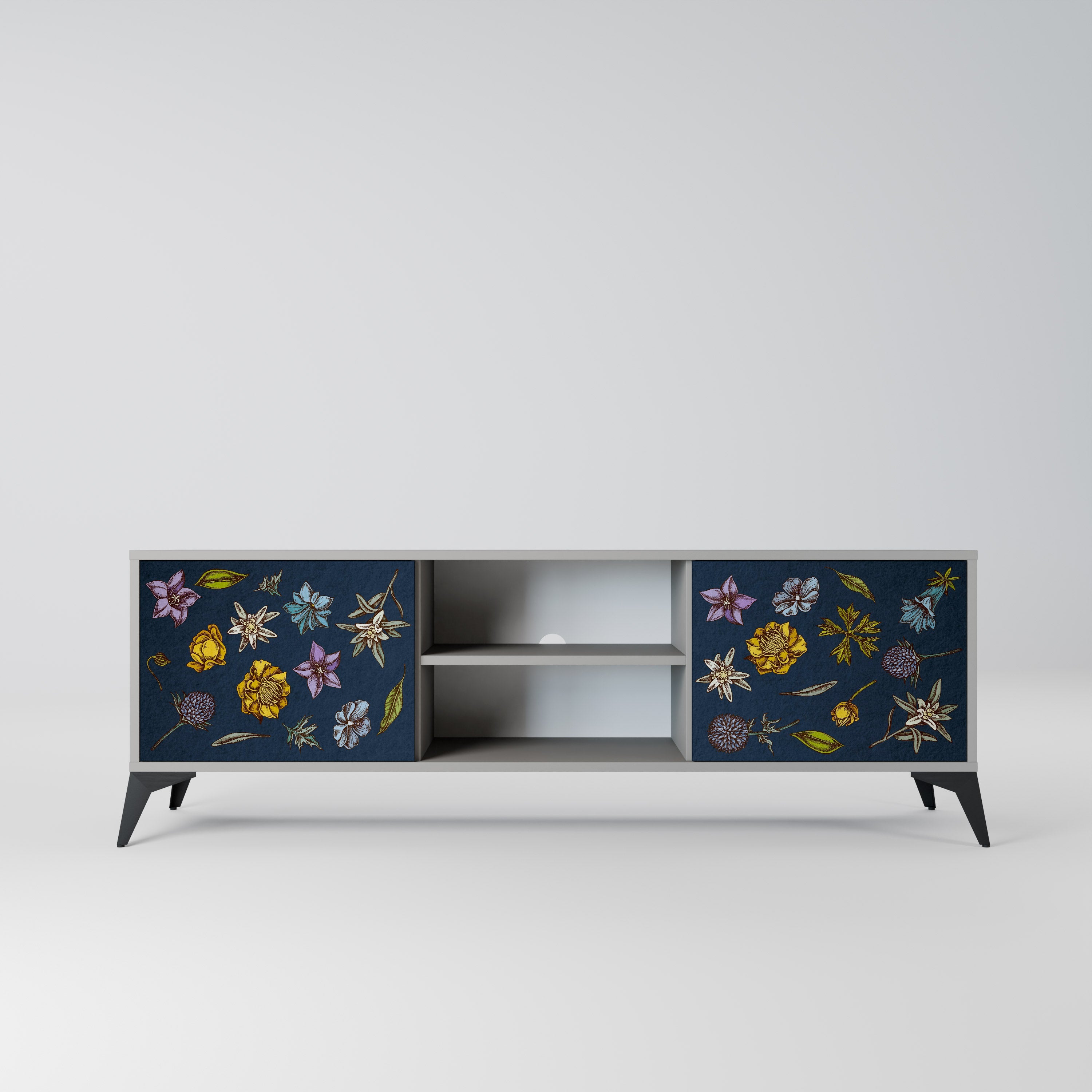 FLOWERS ON NAVY BLUE 2-Door TV Stand in Grey Finish