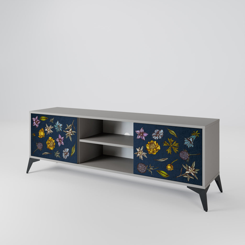 FLOWERS ON NAVY BLUE 2-Door TV Stand in Grey Finish