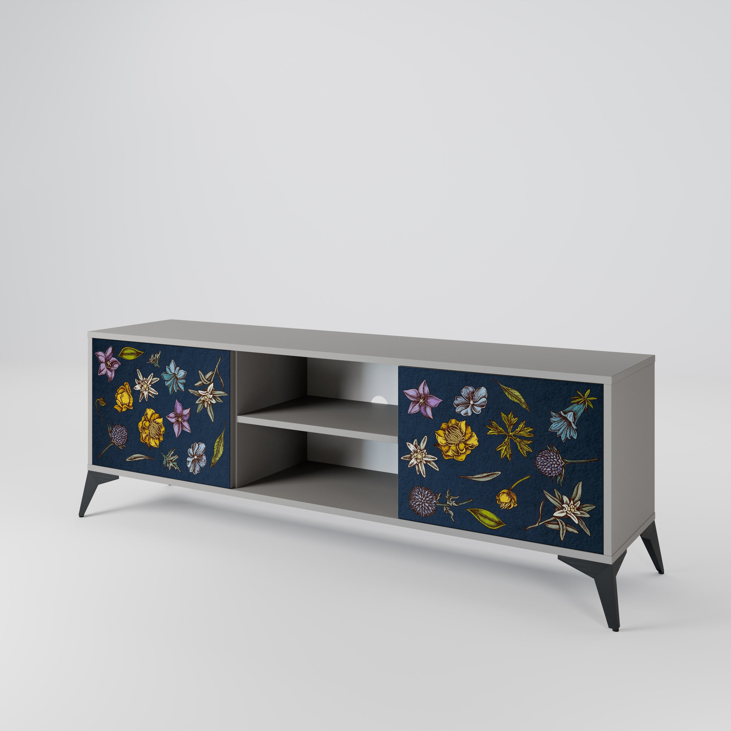 FLOWERS ON NAVY BLUE 2-Door TV Stand in Grey Finish