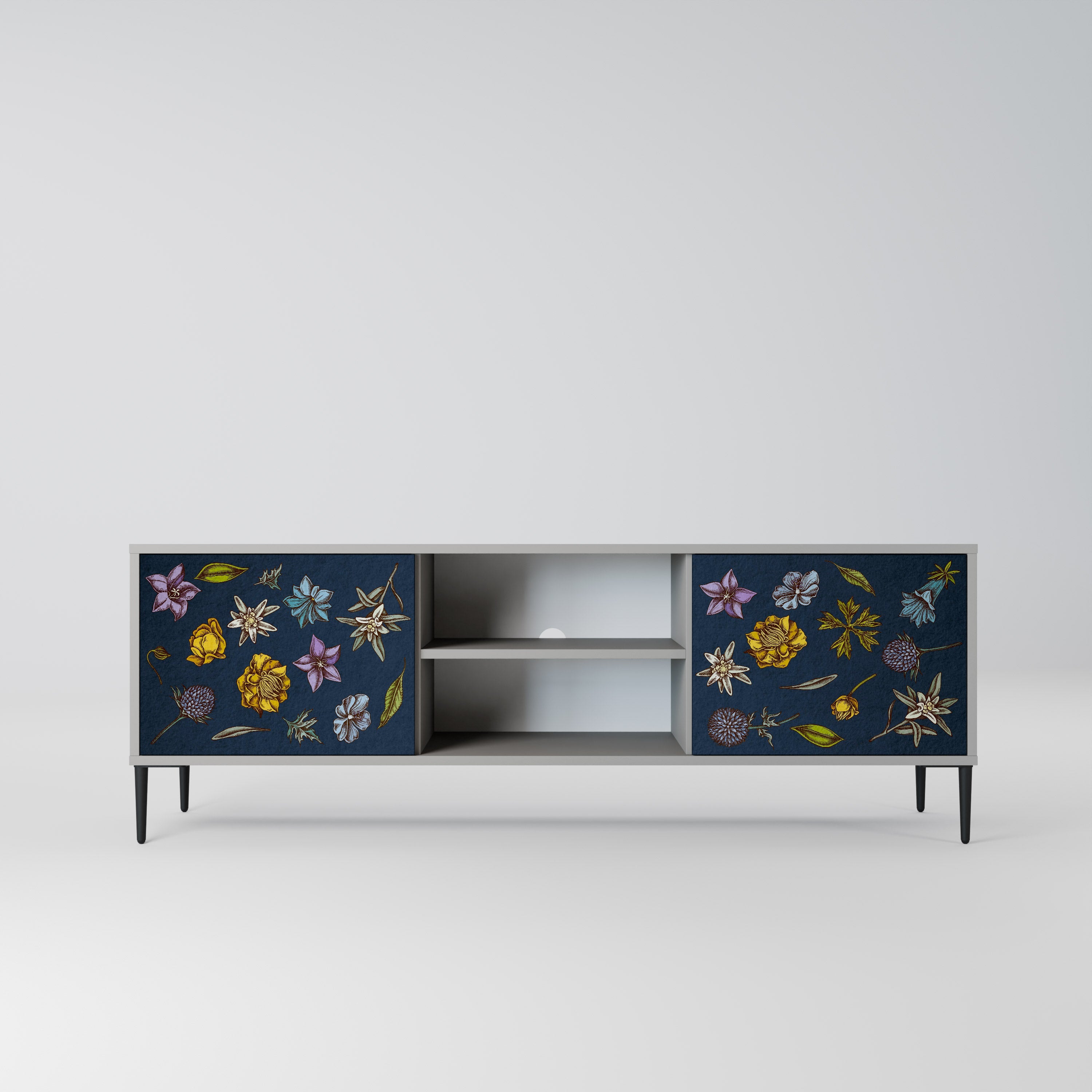 FLOWERS ON NAVY BLUE 2-Door TV Stand in Grey Finish