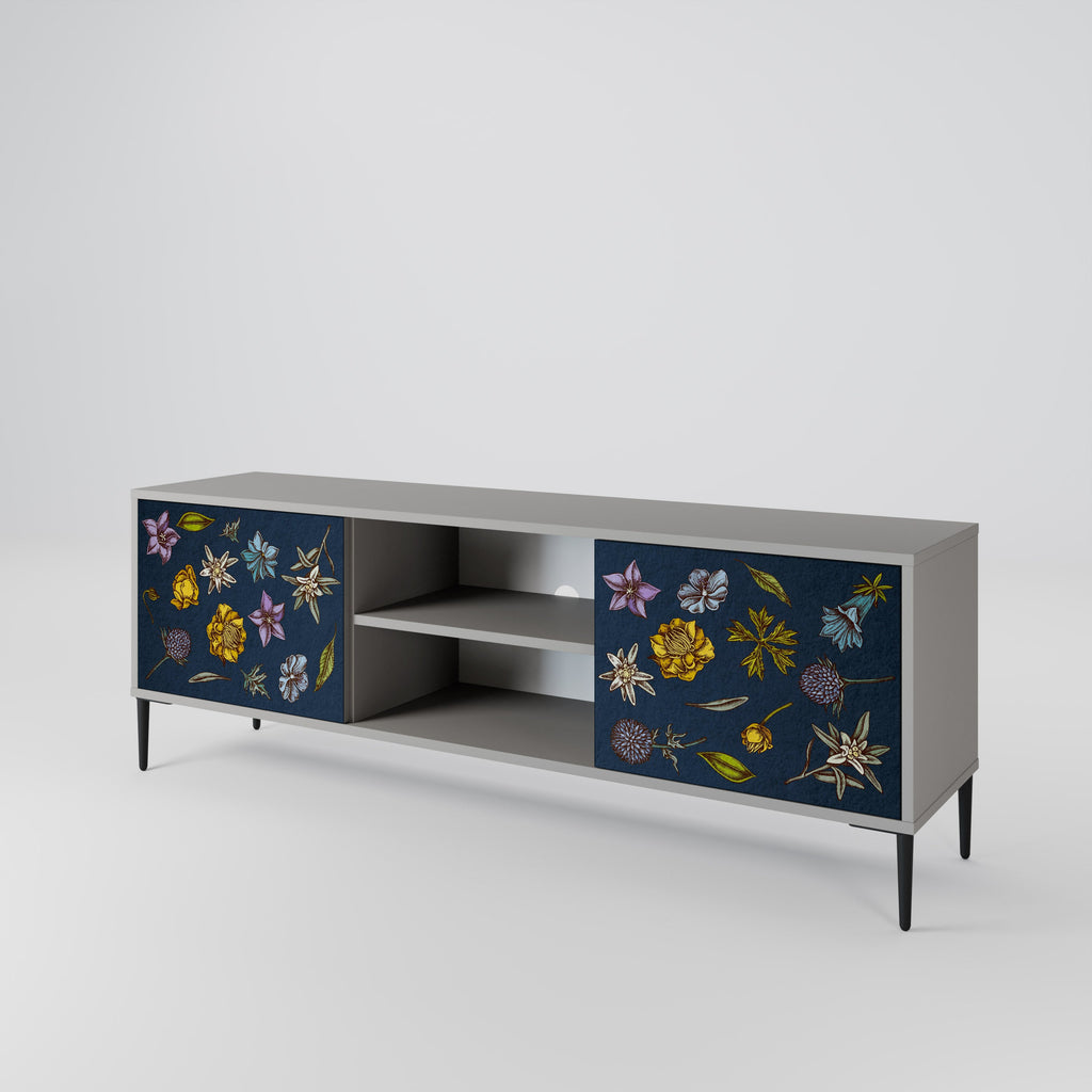 FLOWERS ON NAVY BLUE 2-Door TV Stand in Grey Finish