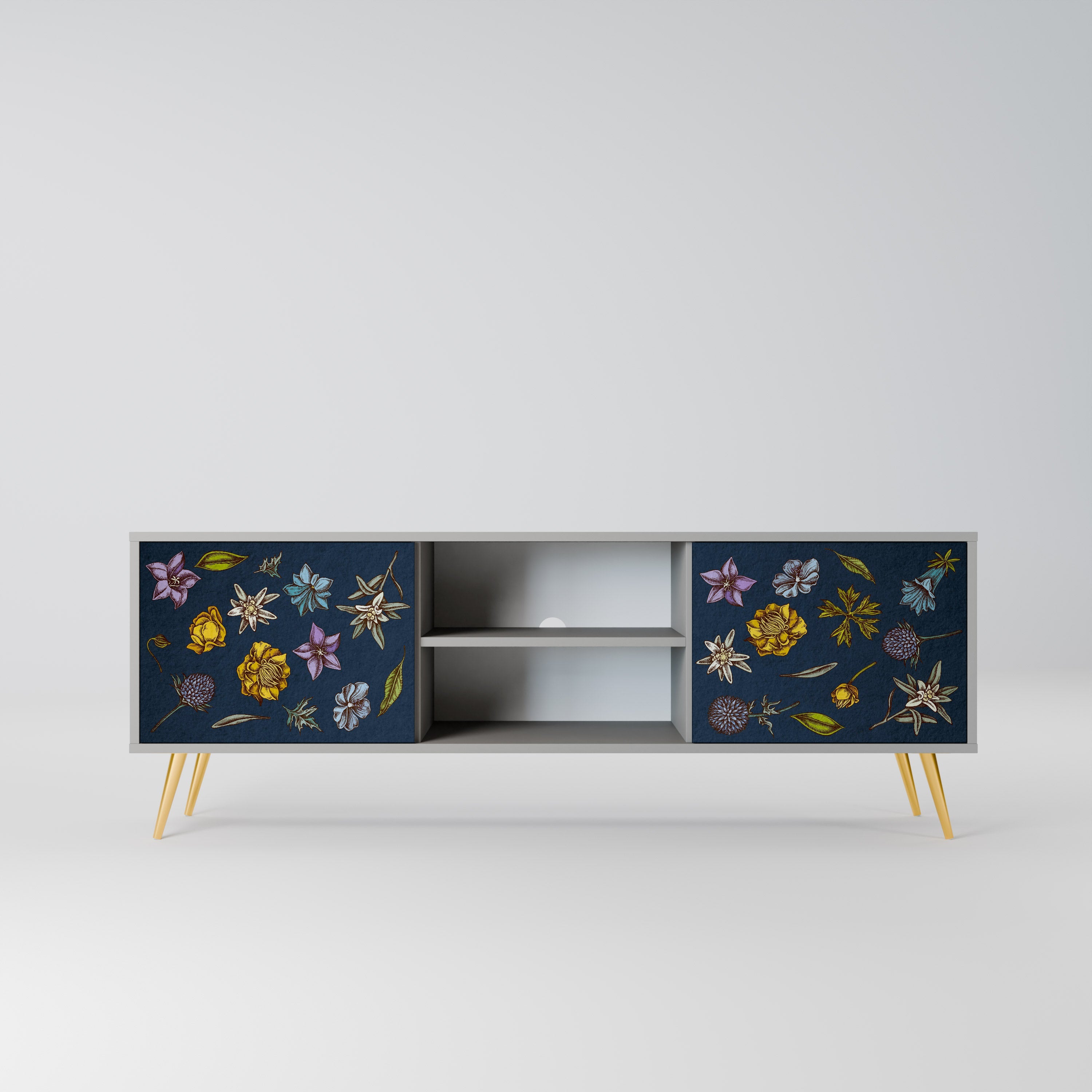 FLOWERS ON NAVY BLUE 2-Door TV Stand in Grey Finish
