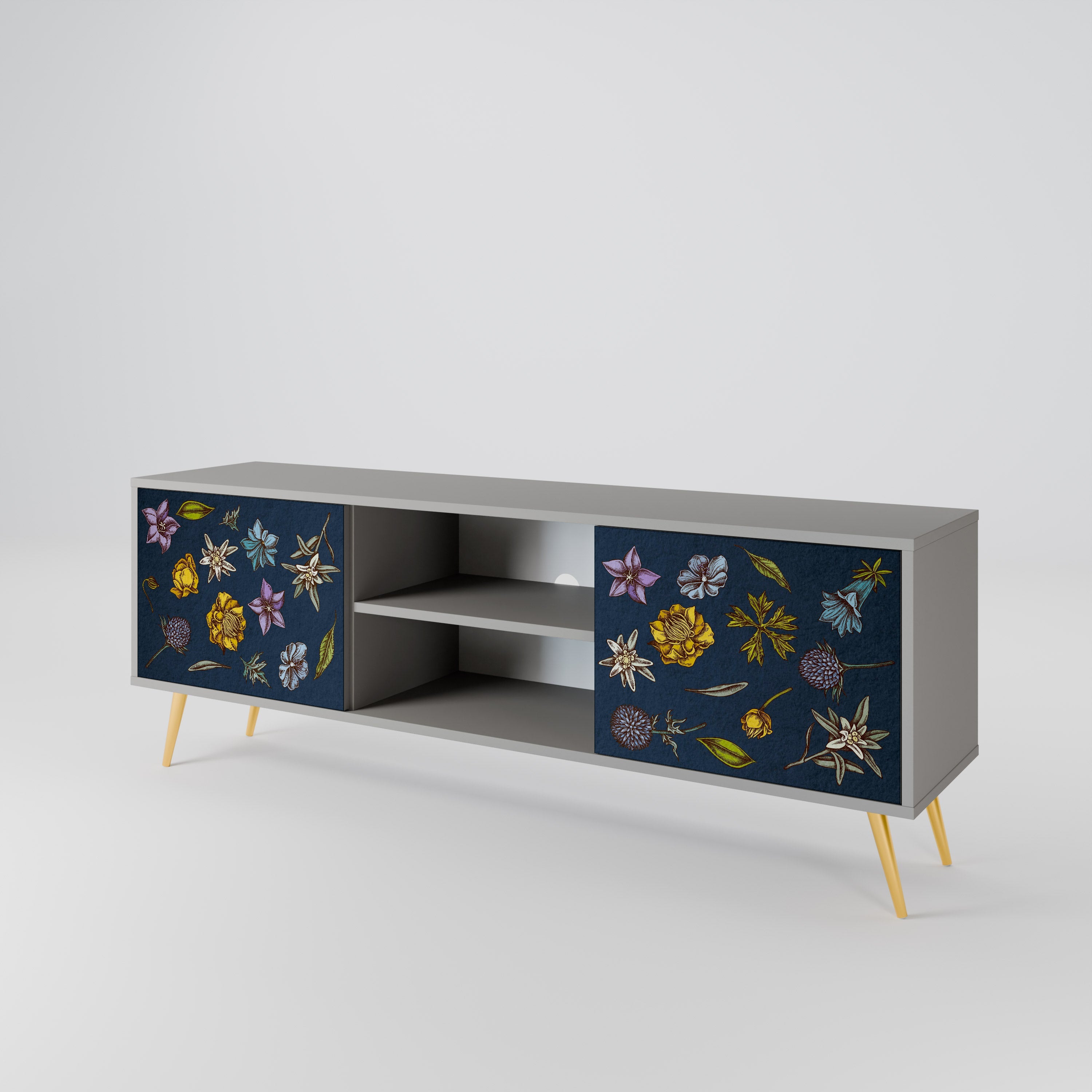 FLOWERS ON NAVY BLUE 2-Door TV Stand in Grey Finish