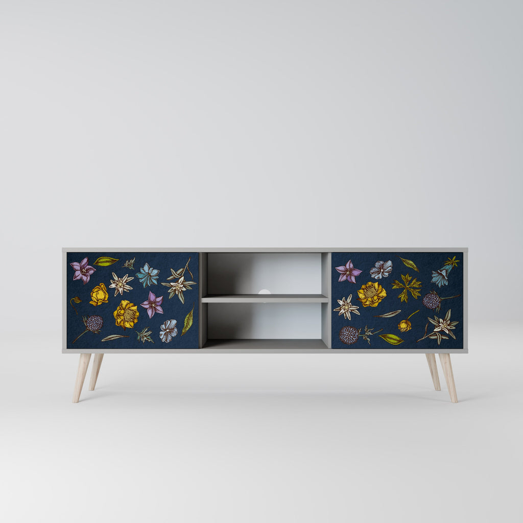 FLOWERS ON NAVY BLUE 2-Door TV Stand in Grey Finish