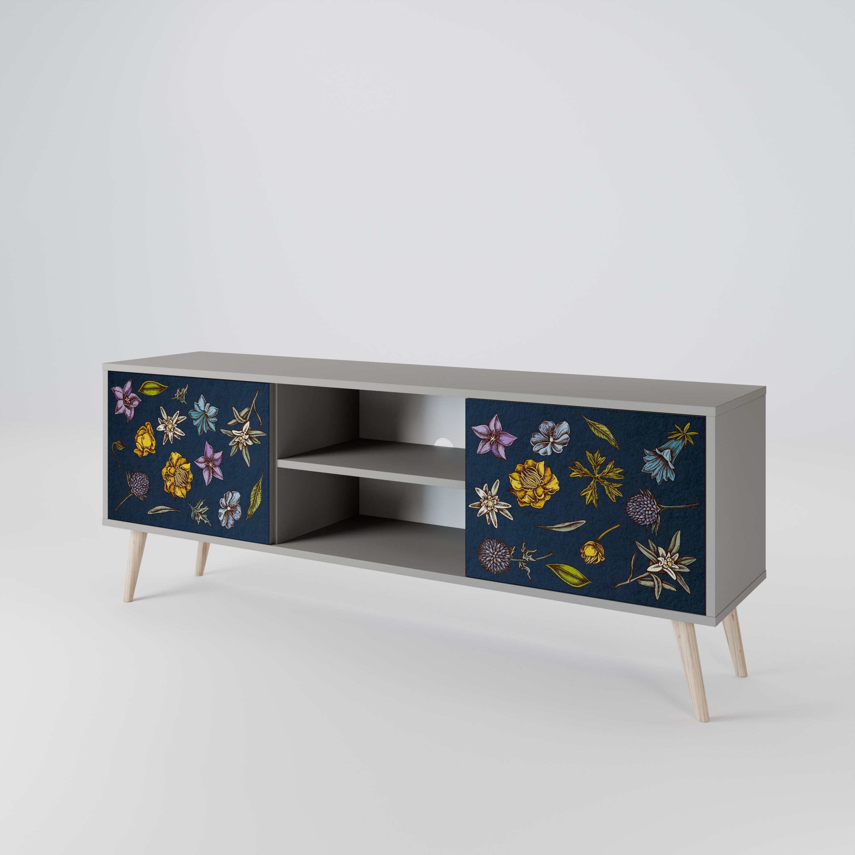 FLOWERS ON NAVY BLUE 2-Door TV Stand in Grey Finish