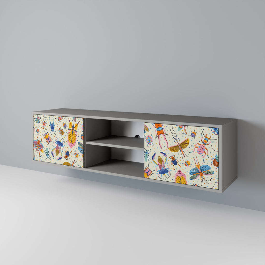 Meuble TV 2 portes COLORFUL INSECTS, finition grise
