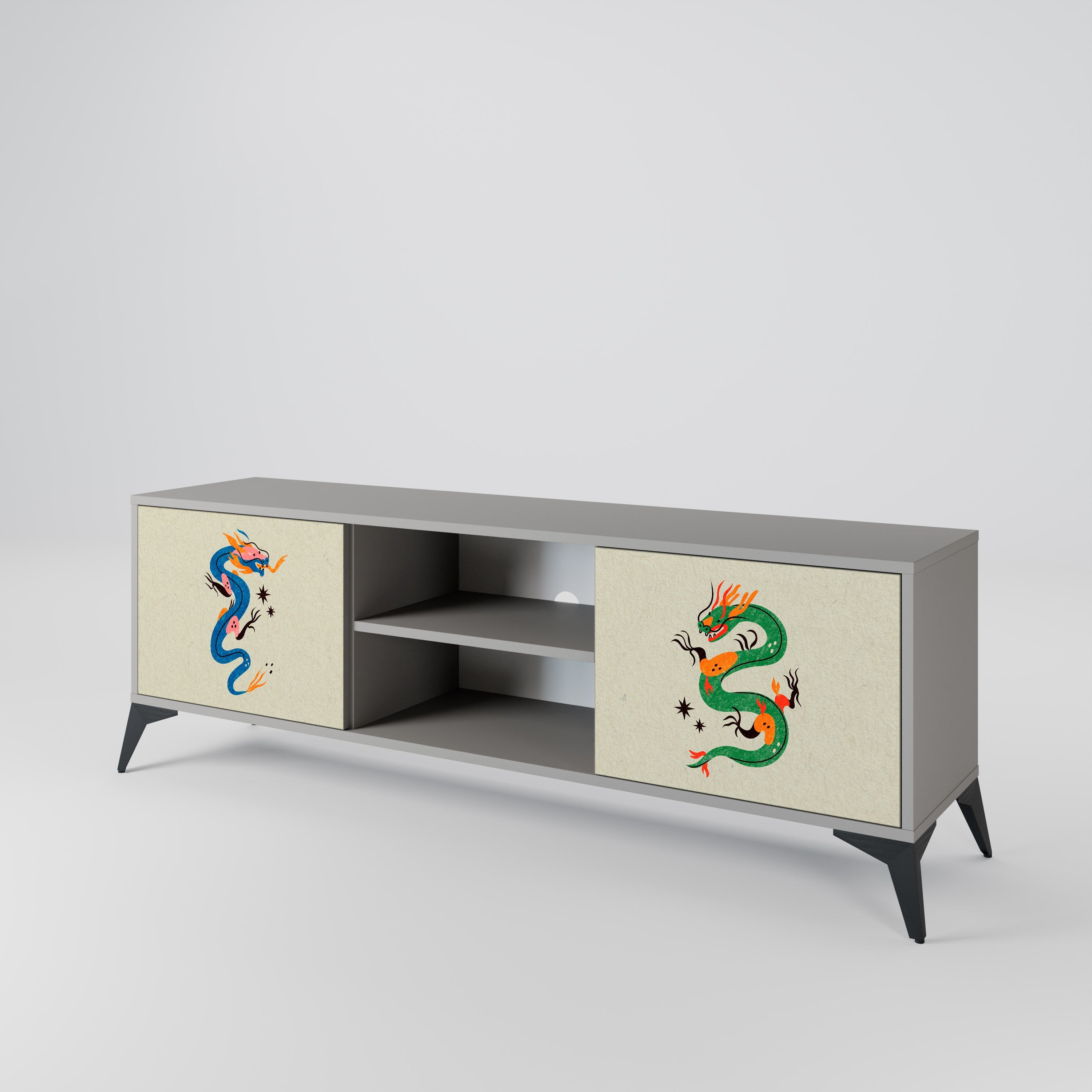 MYTHOLOGICAL CREATURES 2-Door TV Stand in Grey Finish
