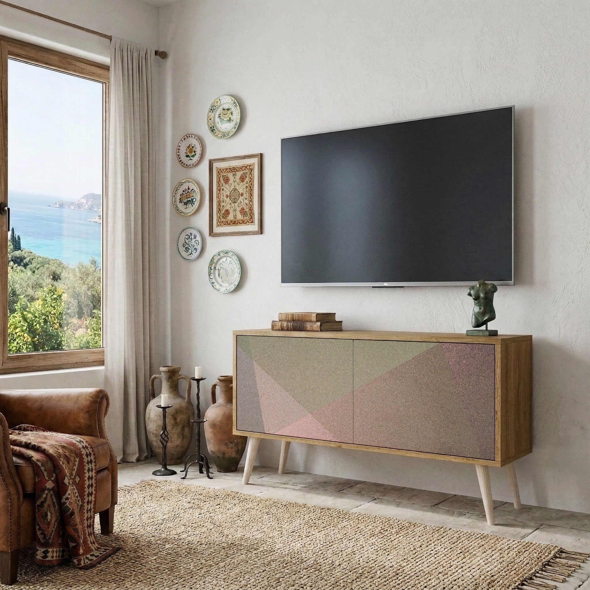 BEIGE GEOMETRY Compact 2-Door TV Cabinet