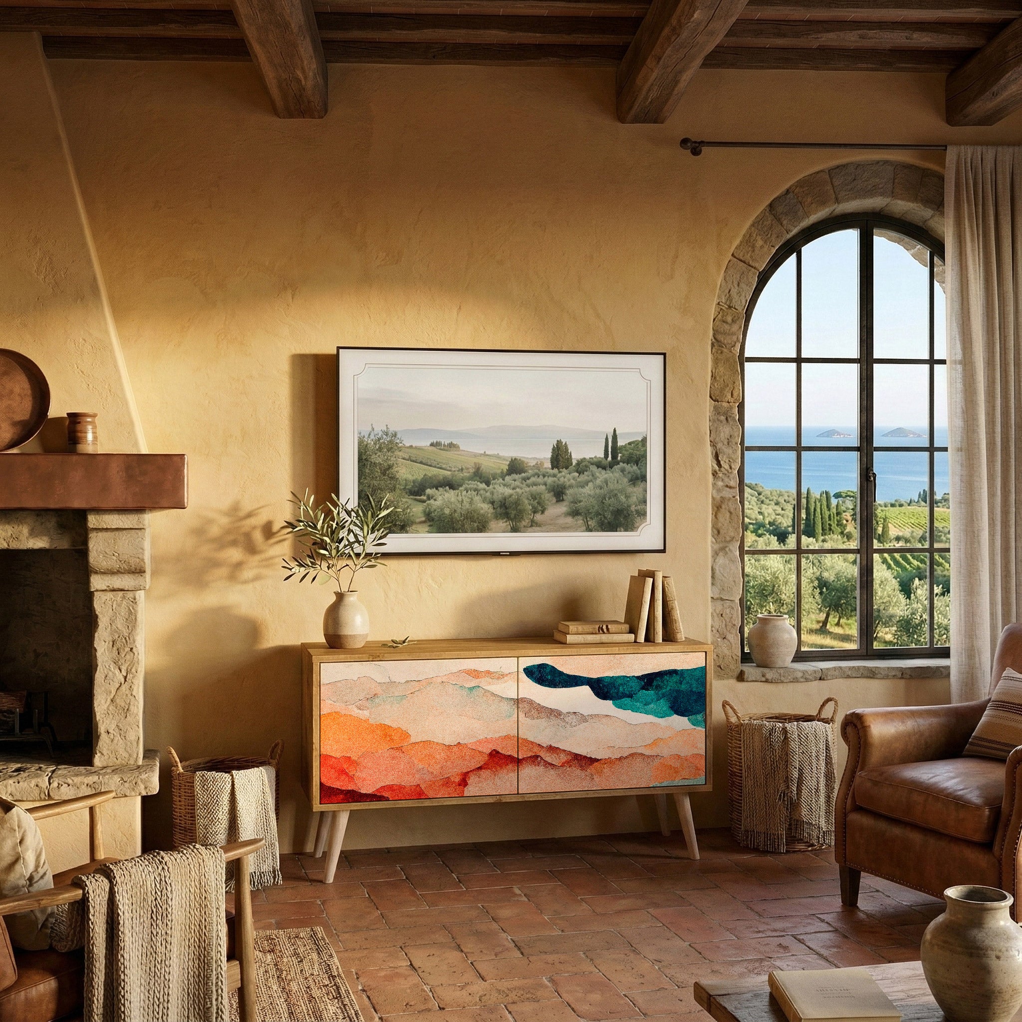 ABSTRACT LANDSCAPE Compact 2-Door TV Cabinet