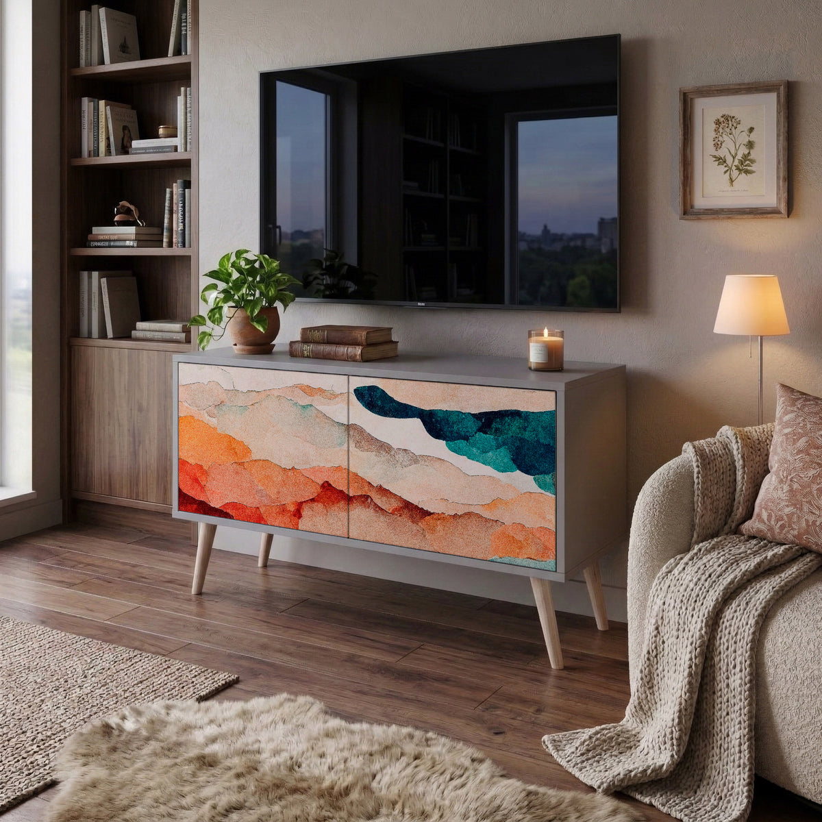 ABSTRACT LANDSCAPE Compact 2-Door TV Cabinet
