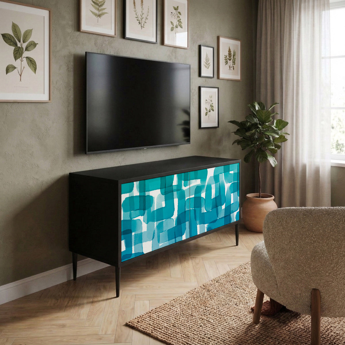 TURQUOISE RECTANGLES Compact 2-Door TV Cabinet