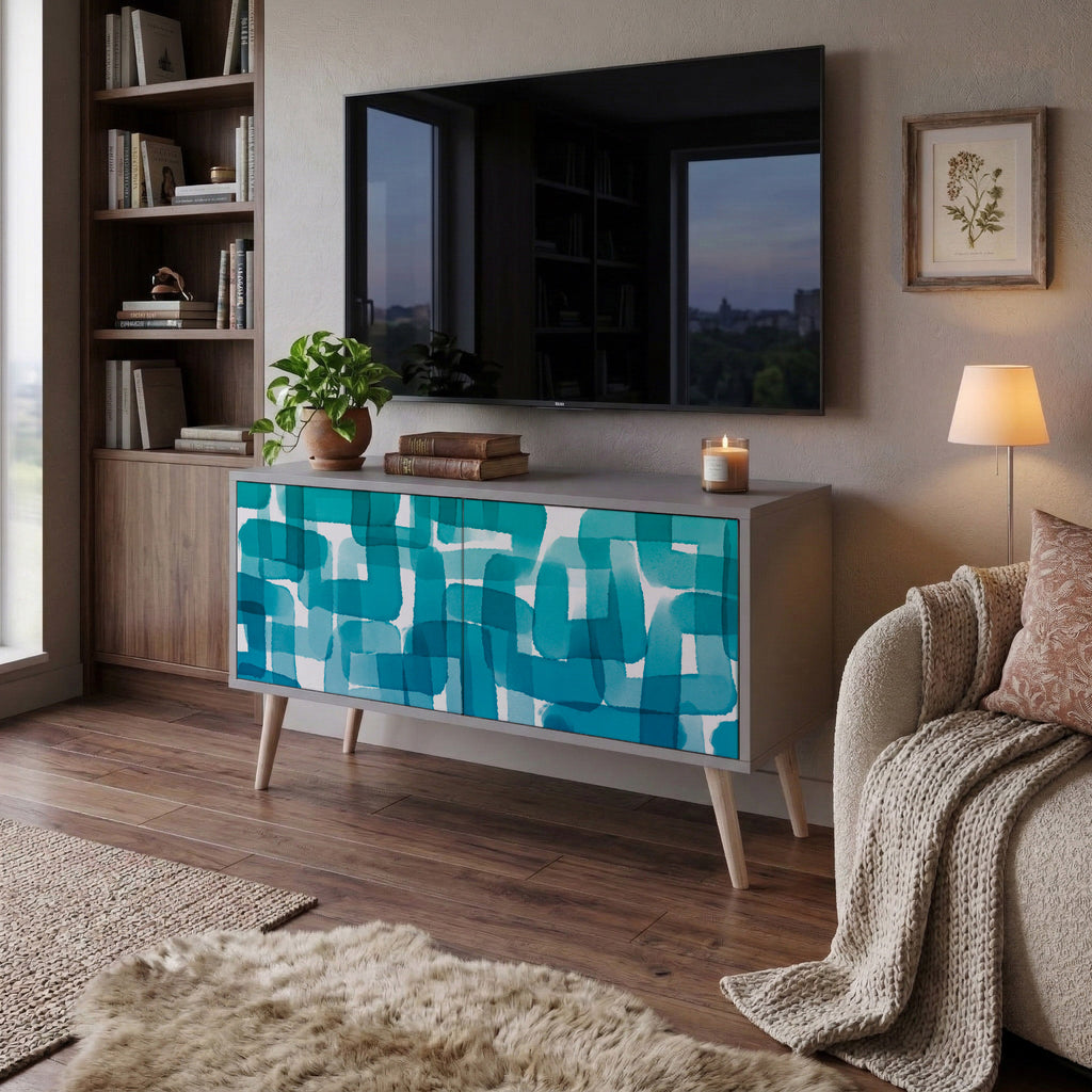 TURQUOISE RECTANGLES Compact 2-Door TV Cabinet