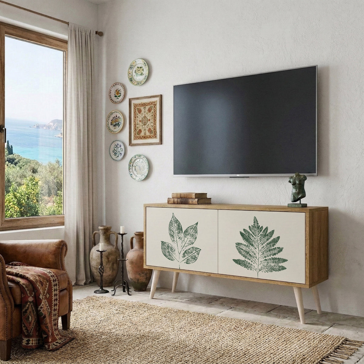 GREEN LEAFY STAMPS Compact 2-Door TV Cabinet