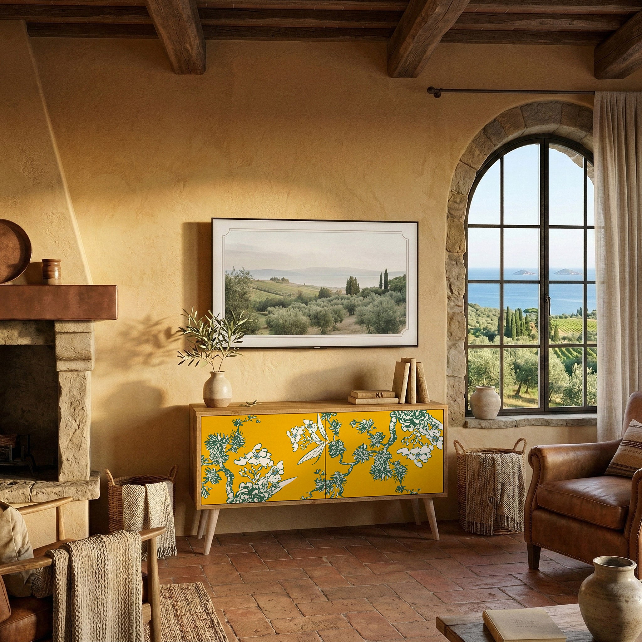 YELLOW CHINOISERIE Compact 2-Door TV Cabinet
