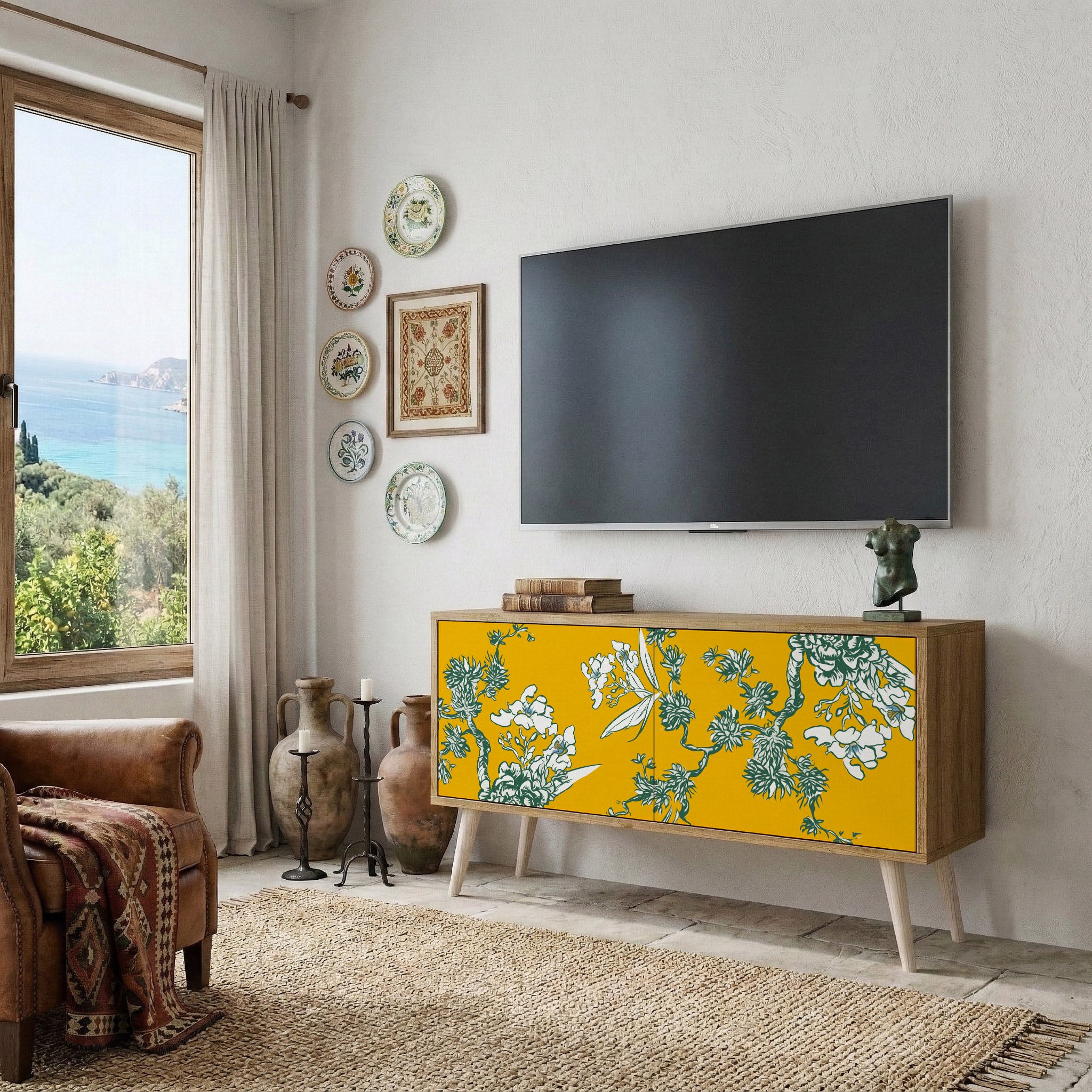 YELLOW CHINOISERIE Compact 2-Door TV Cabinet