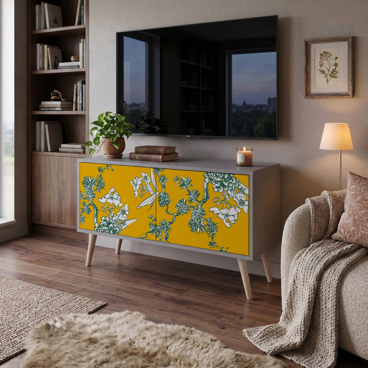 YELLOW CHINOISERIE Compact 2-Door TV Cabinet