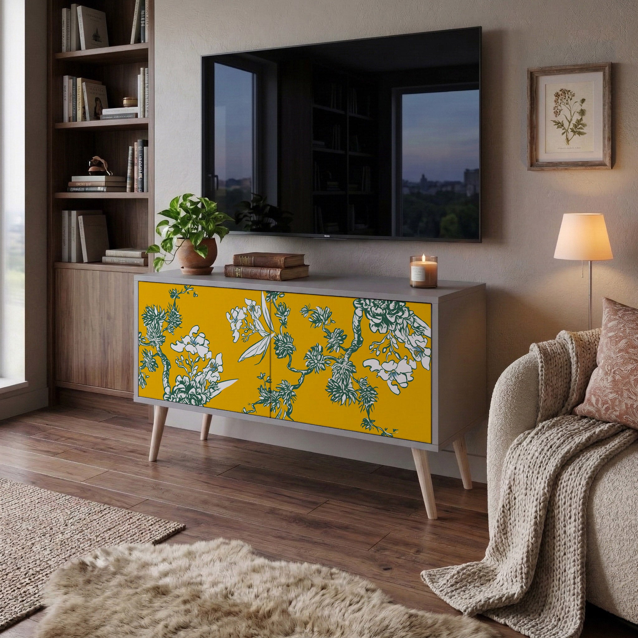 YELLOW CHINOISERIE Compact 2-Door TV Cabinet