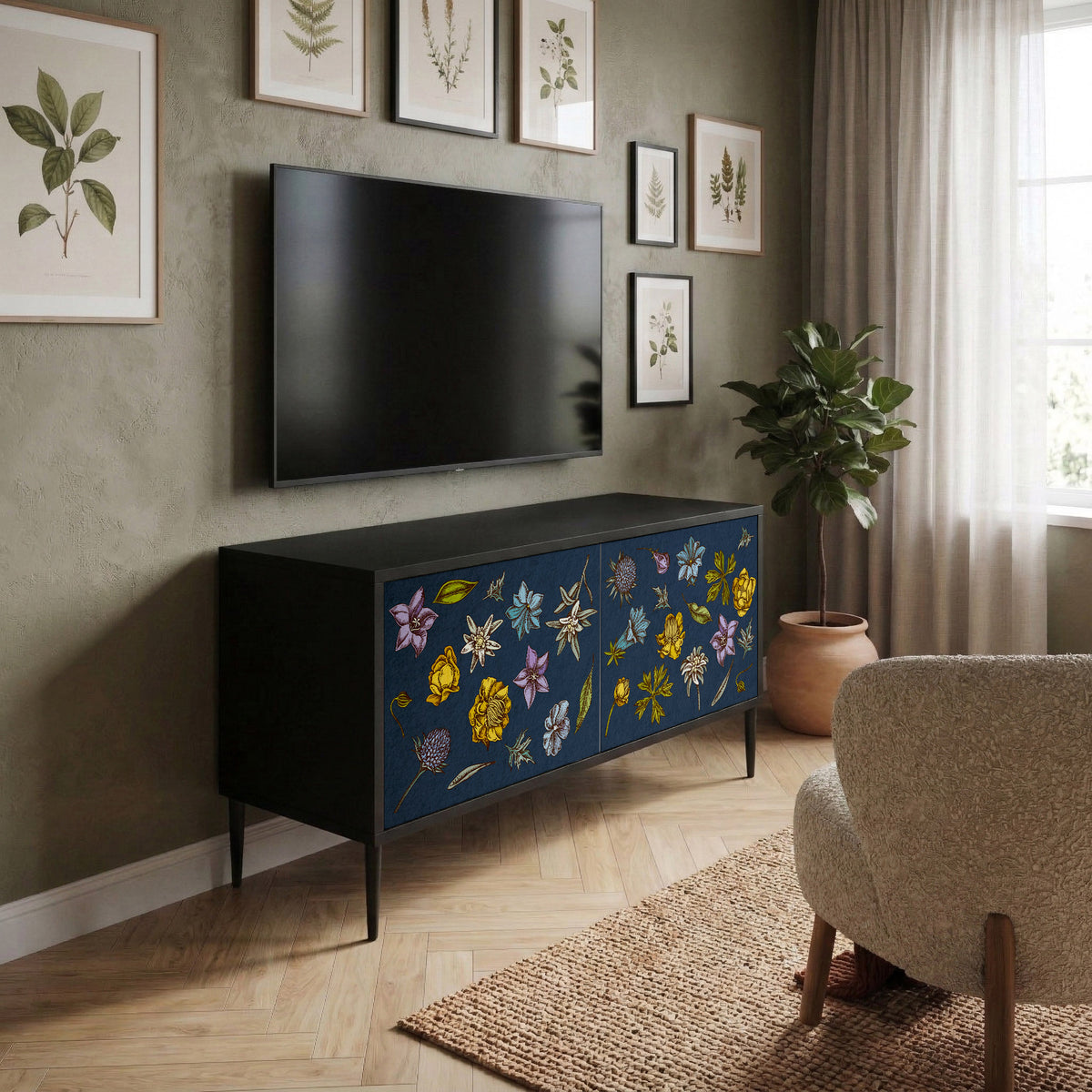 FLOWERS ON NAVY BLUE Compact 2-Door TV Cabinet