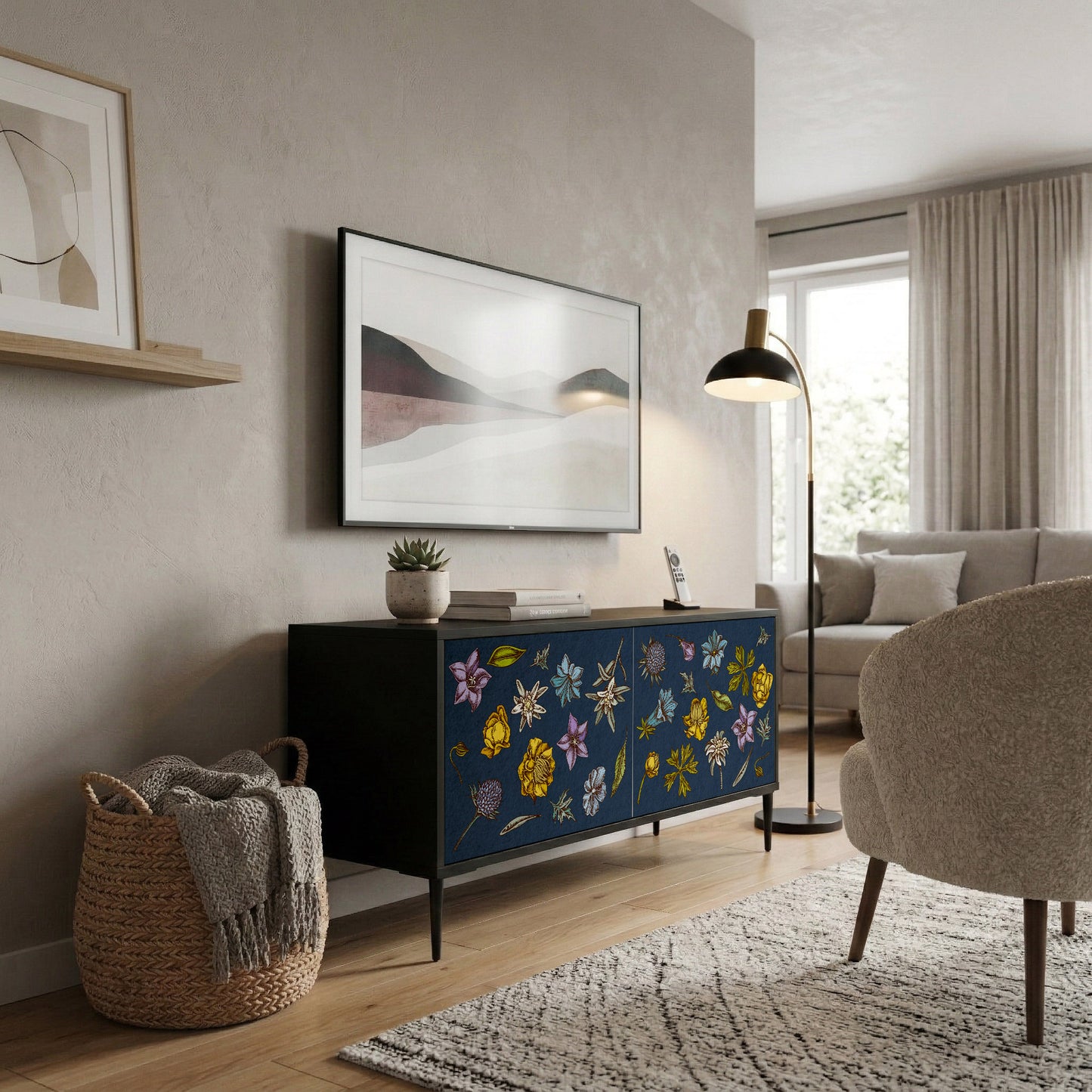FLOWERS ON NAVY BLUE Compact 2-Door TV Cabinet