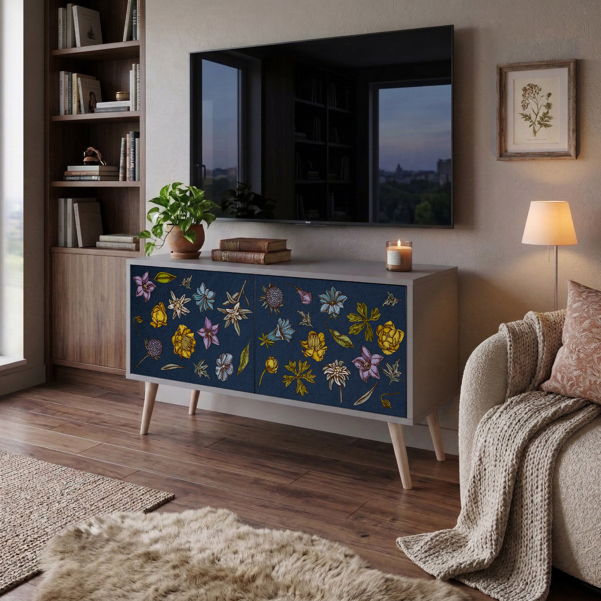 FLOWERS ON NAVY BLUE Compact 2-Door TV Cabinet