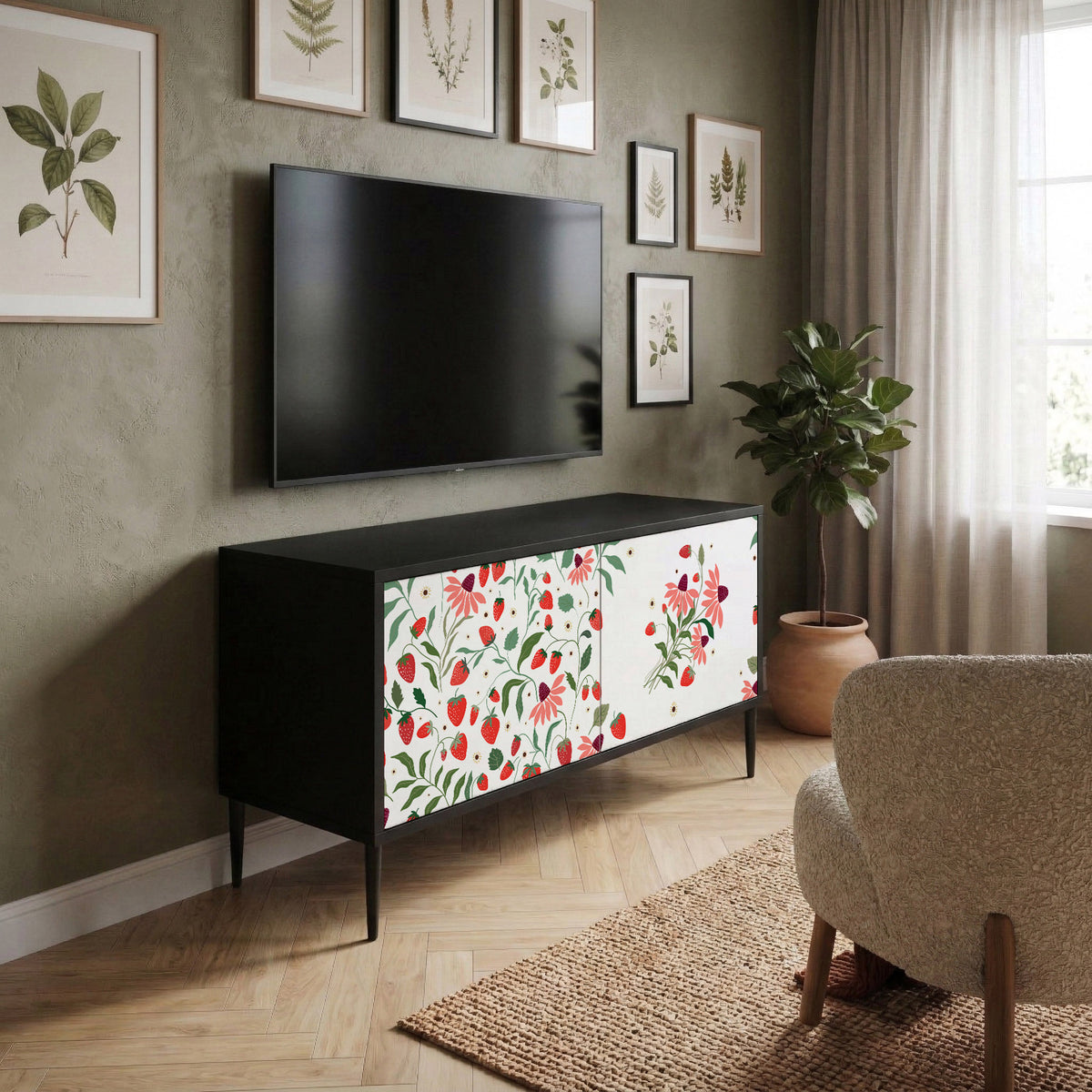 FLOWERS AND STRAWBERRIES Compact 2-Door TV Cabinet