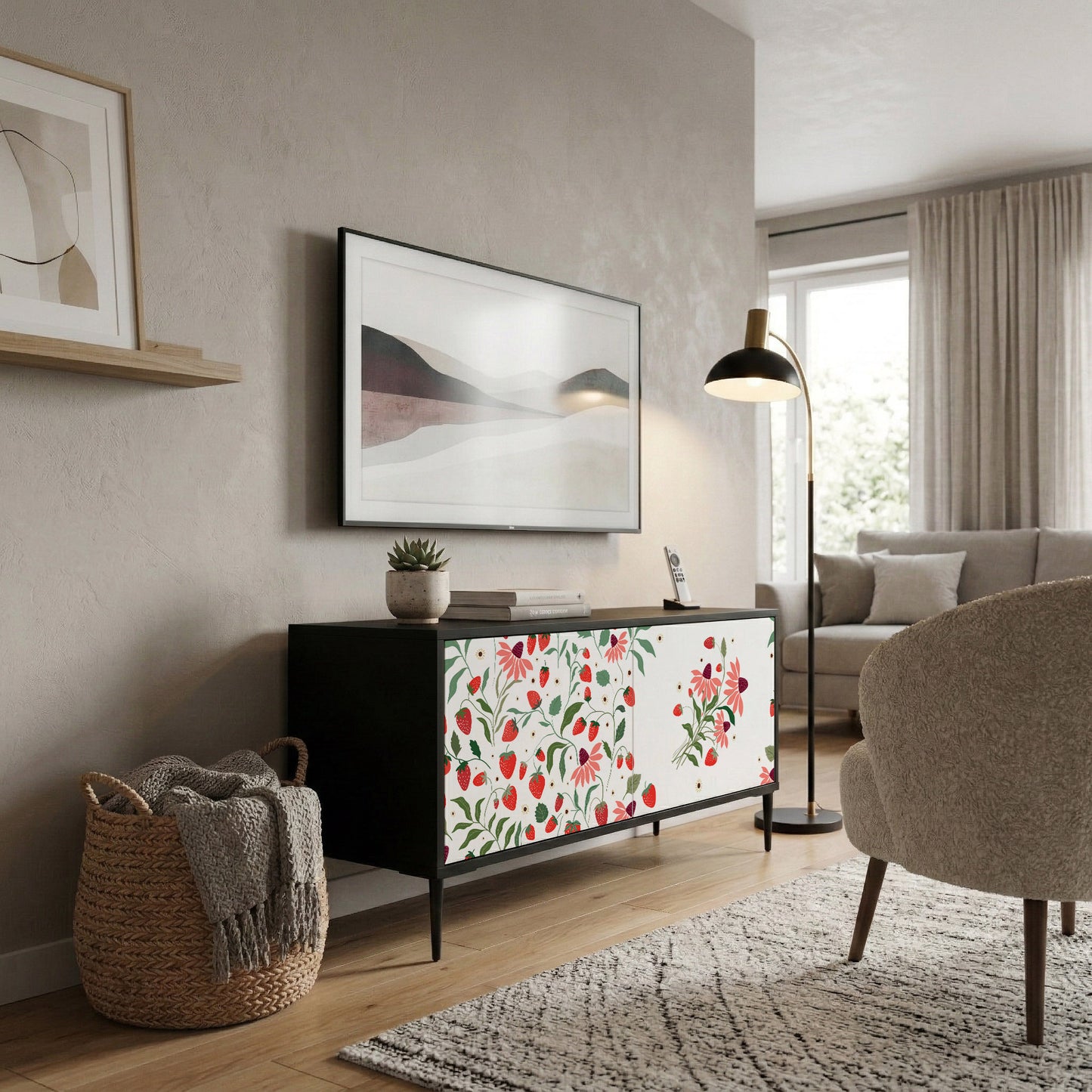 FLOWERS AND STRAWBERRIES Compact 2-Door TV Cabinet