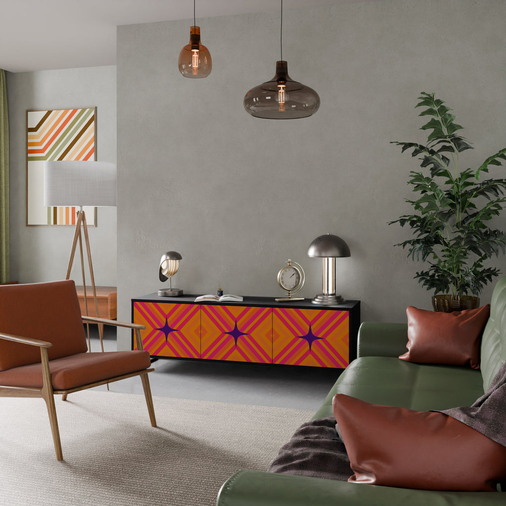 GEOMETRIC BRILLIANCE 3-Door TV Stand in Black Finish