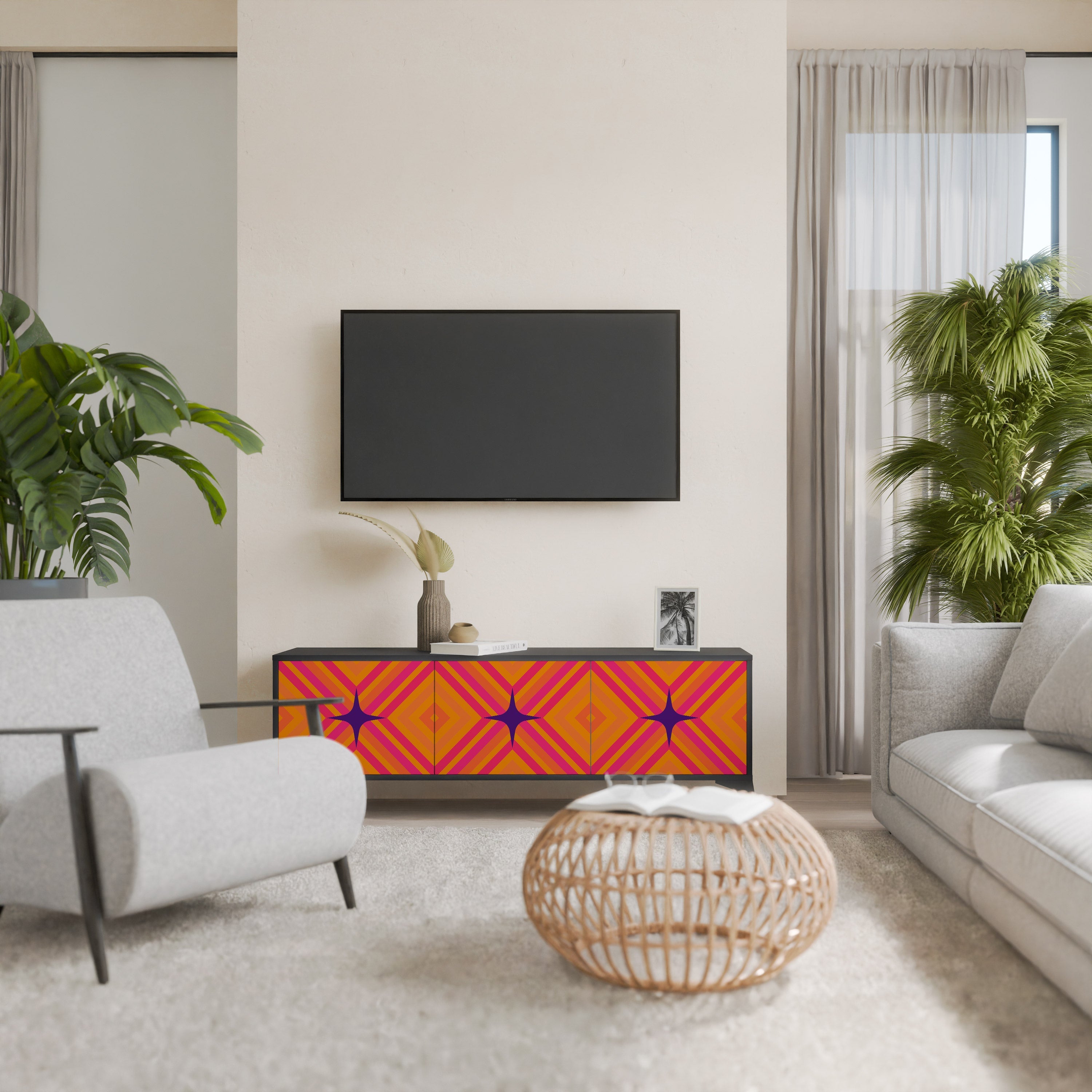 GEOMETRIC BRILLIANCE 3-Door TV Stand in Black Finish