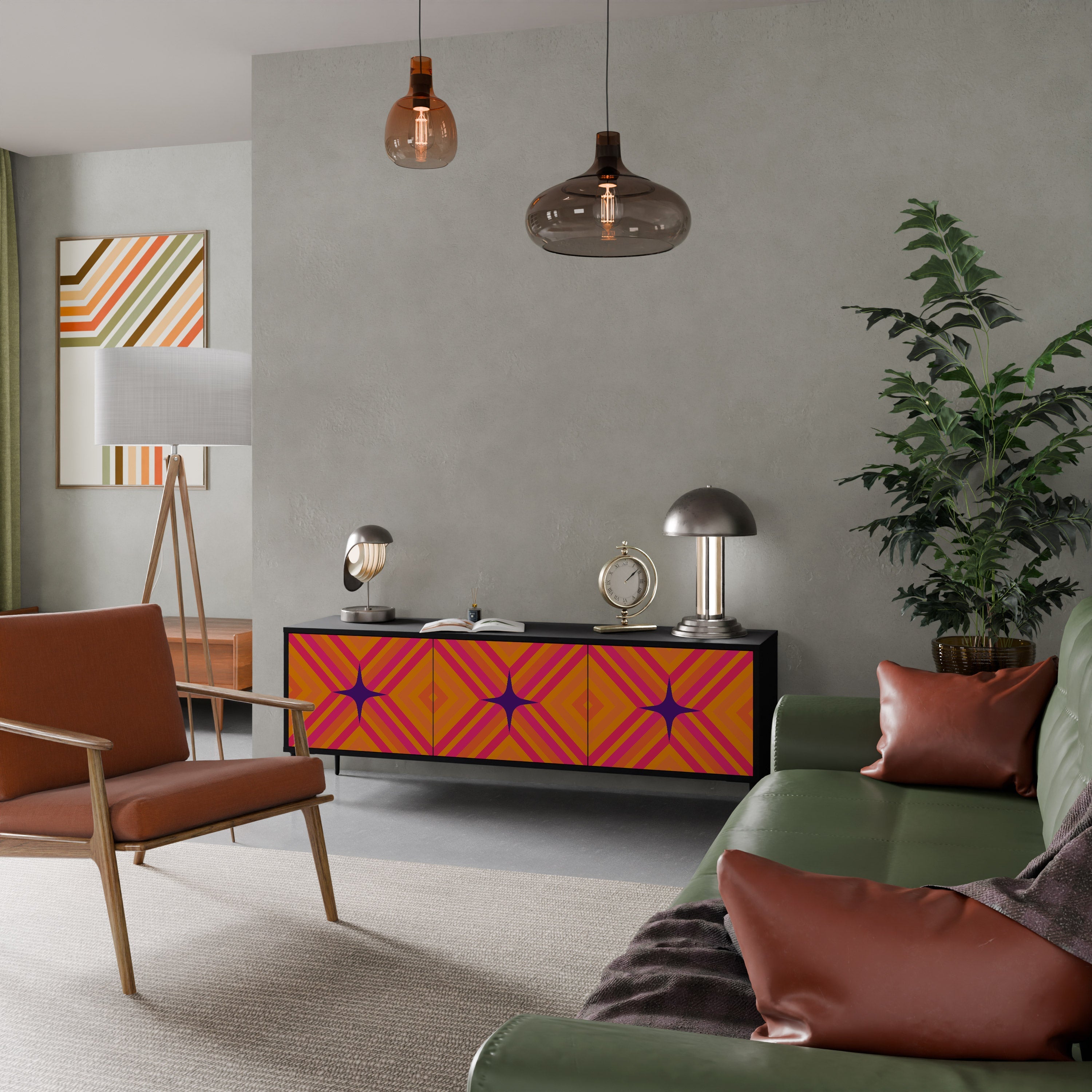 GEOMETRIC BRILLIANCE 3-Door TV Stand in Black Finish