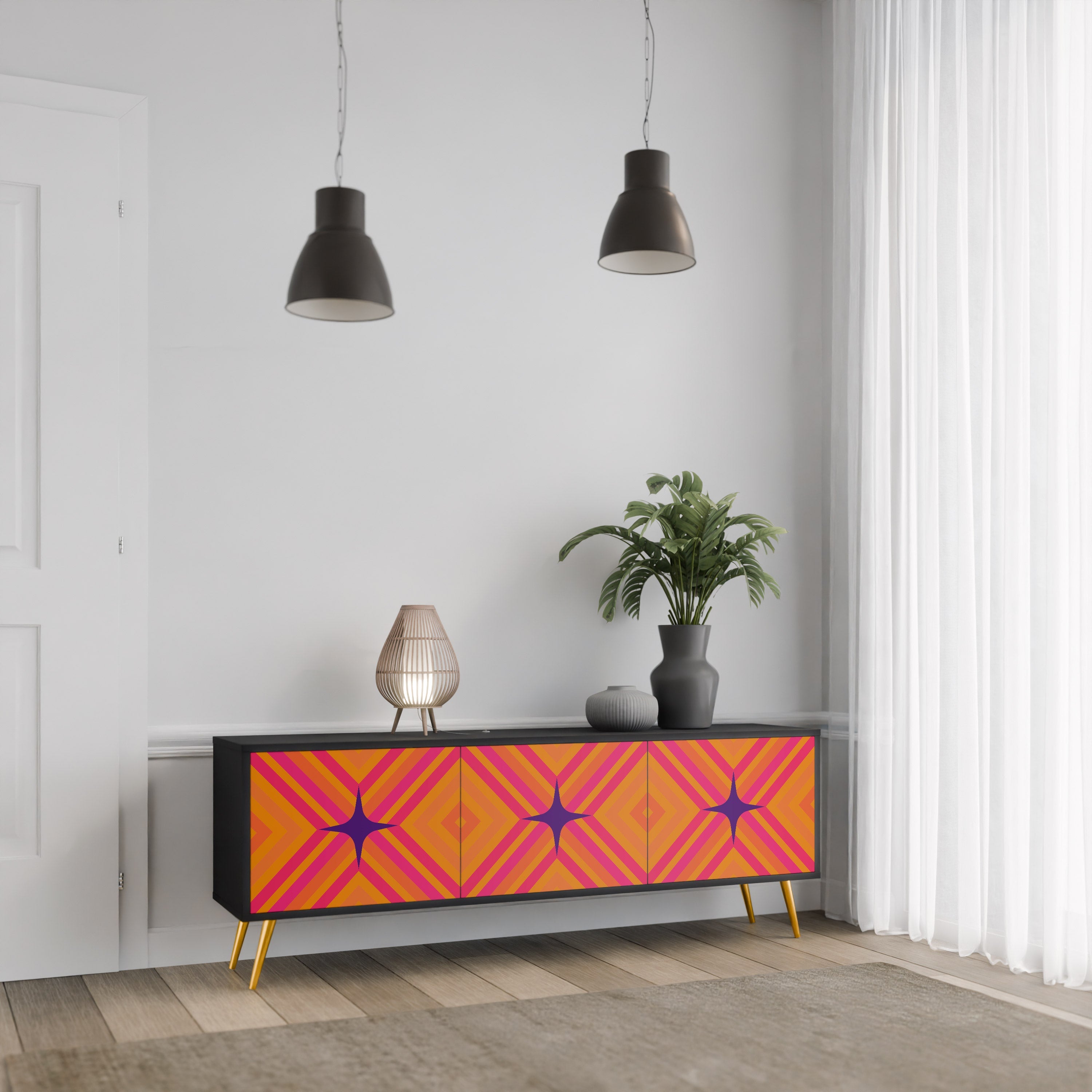 GEOMETRIC BRILLIANCE 3-Door TV Stand in Black Finish