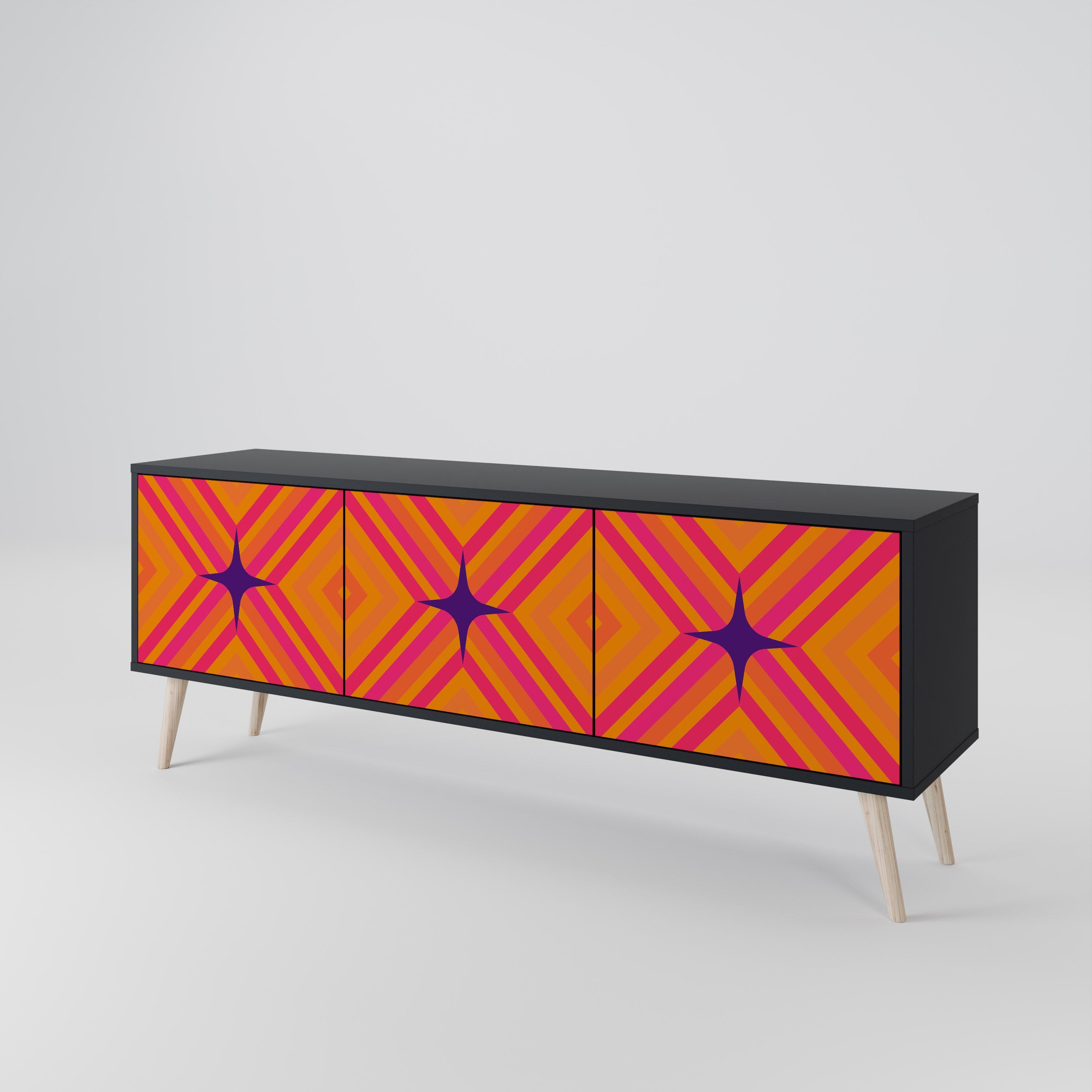 GEOMETRIC BRILLIANCE 3-Door TV Stand in Black Finish
