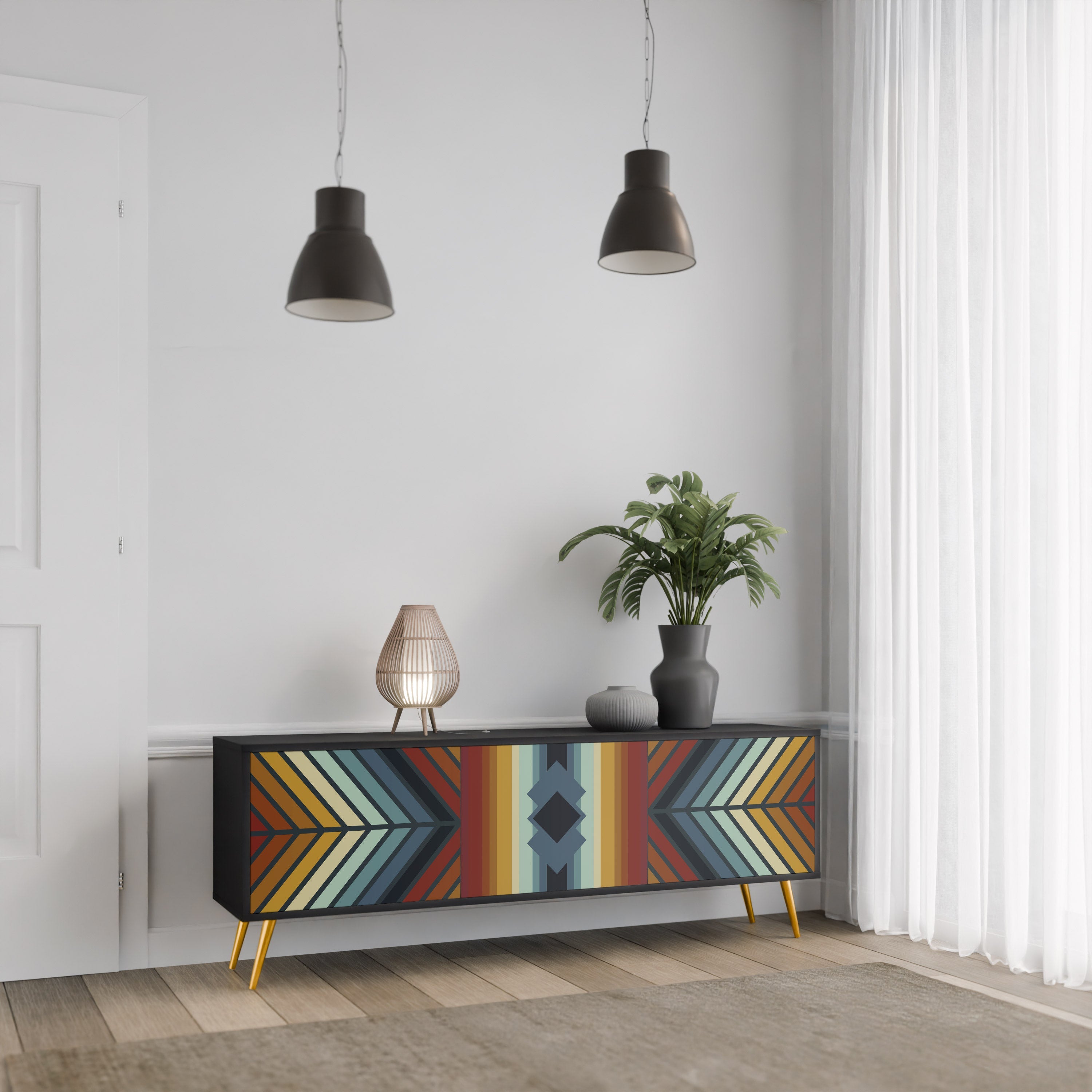 INDIGENOUS ZIGZAG 3-Door TV Stand in Black Finish