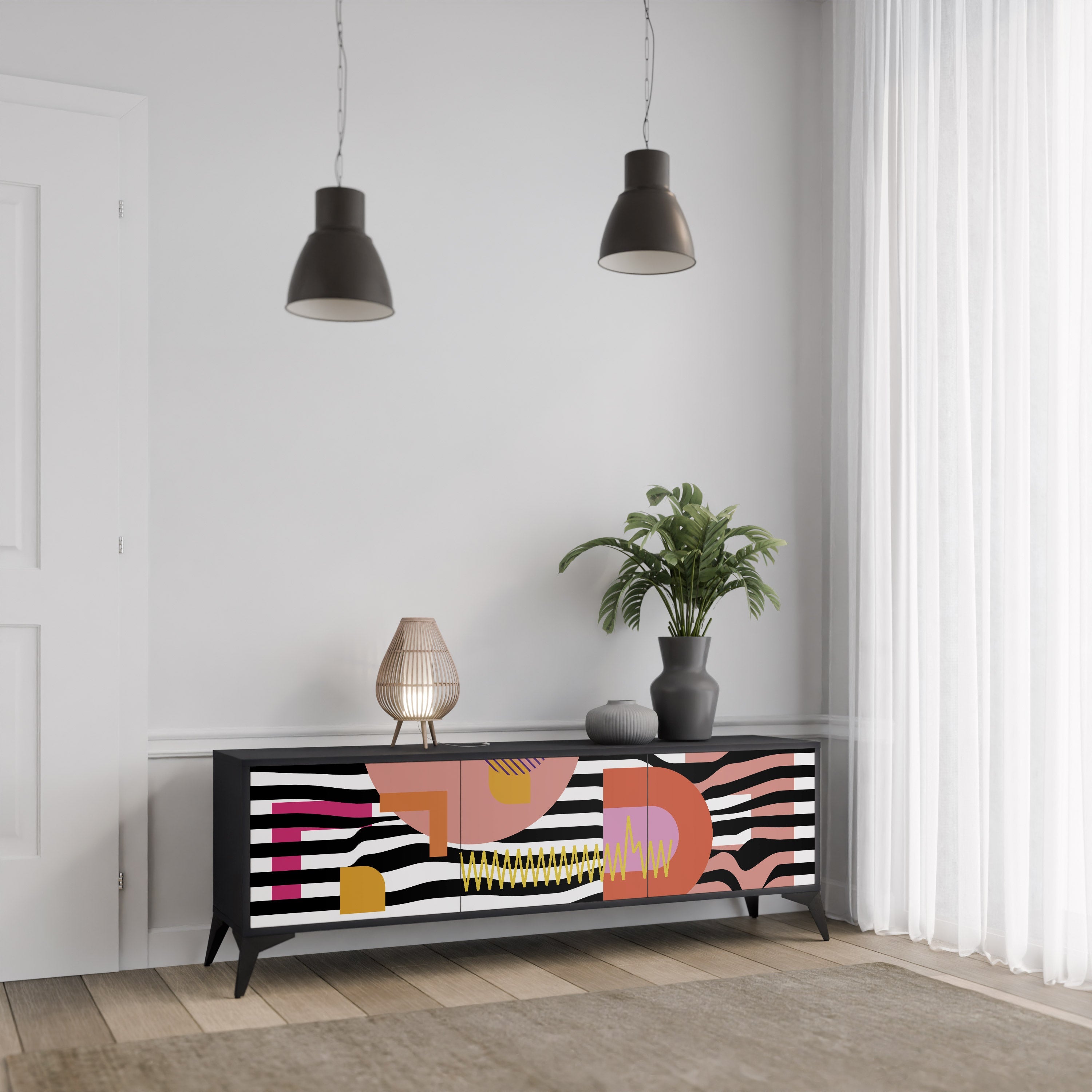 CHROMATIC ABSTRACT 3-Door TV Stand in Black Finish