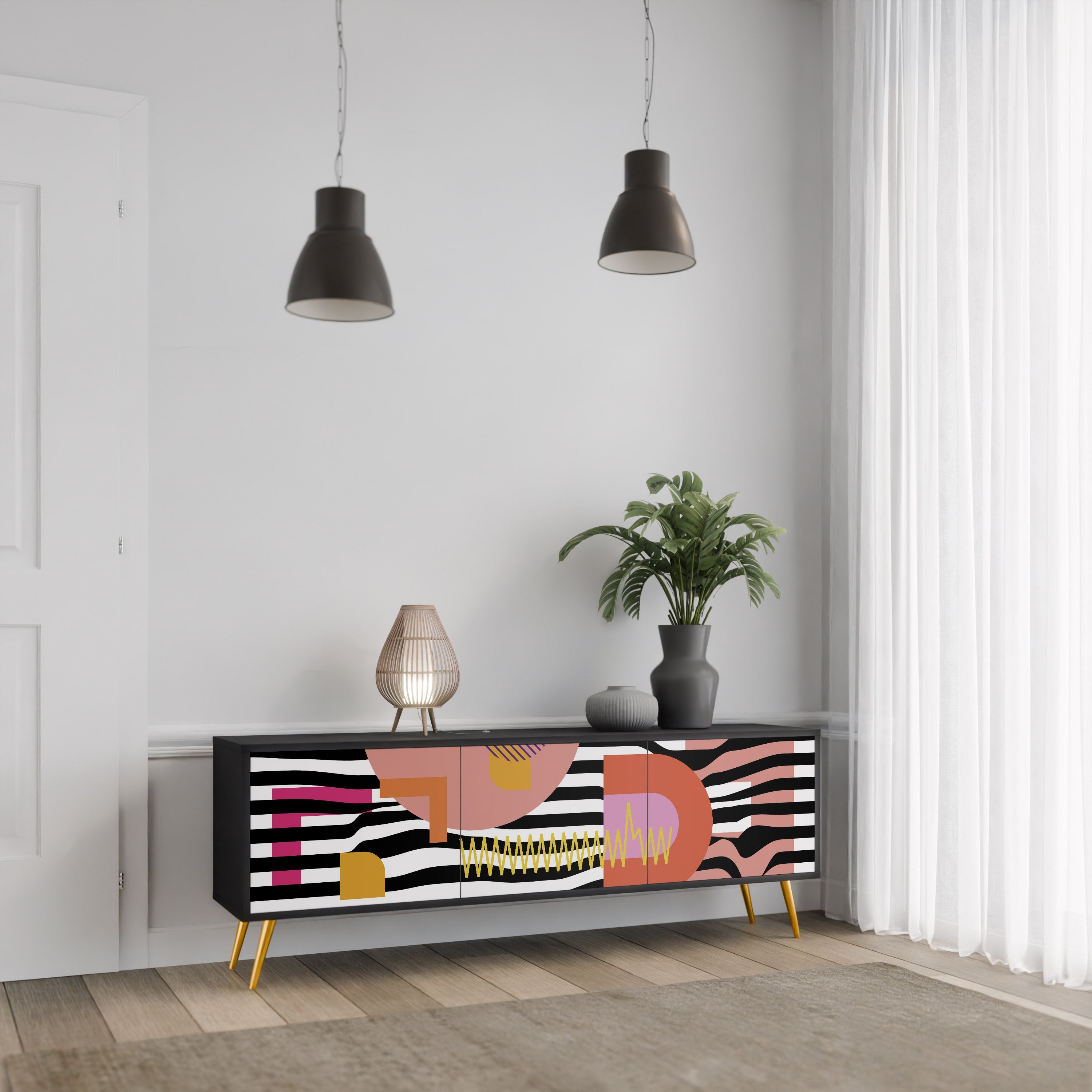 CHROMATIC ABSTRACT 3-Door TV Stand in Black Finish