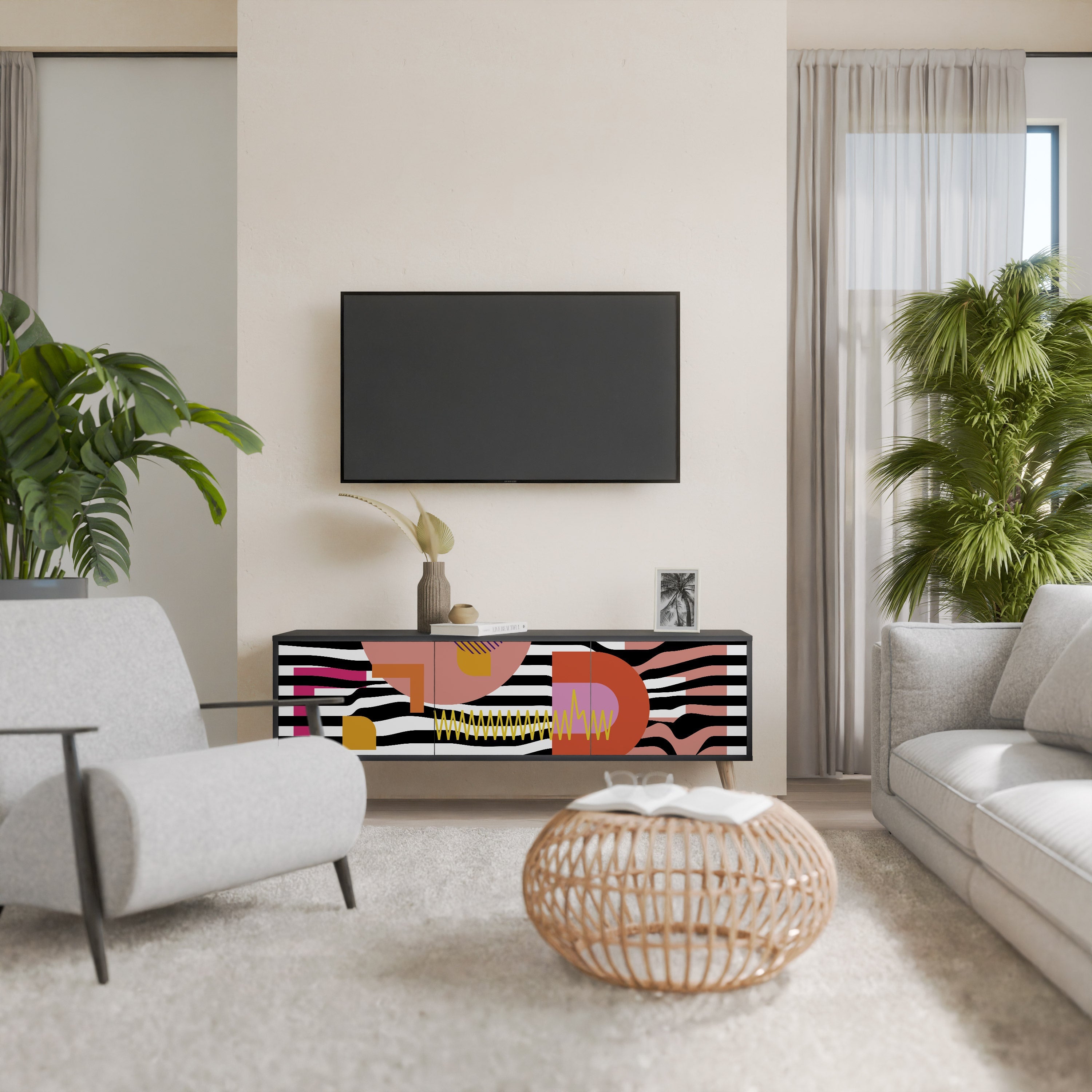 CHROMATIC ABSTRACT 3-Door TV Stand in Black Finish